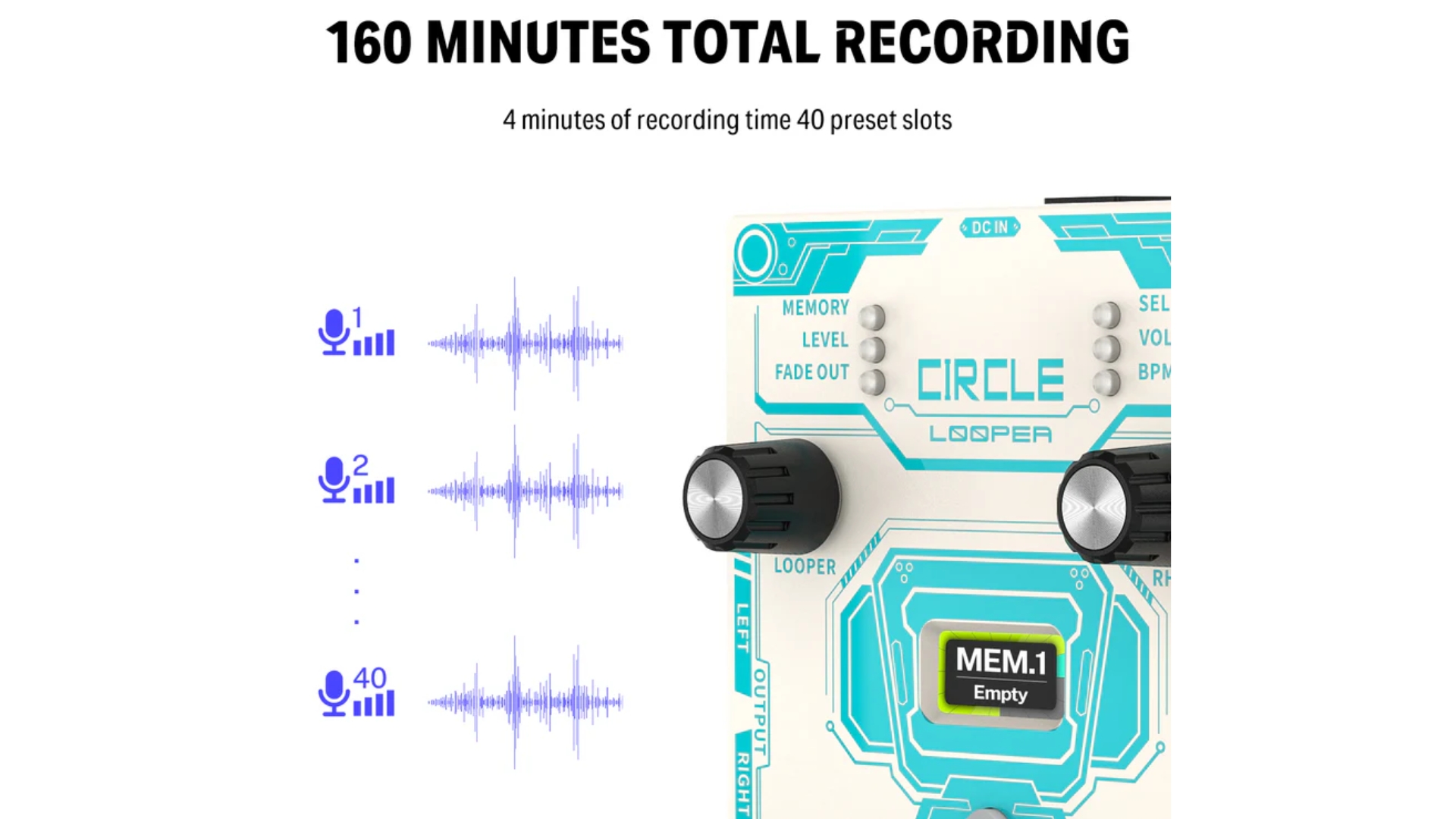 Donner Circle Looper Pedal Stereo Guitar Looper Pedal 40 Slots 160 mins with Drum Machine 100 Drum Grooves Tap Tempo Fade Out
