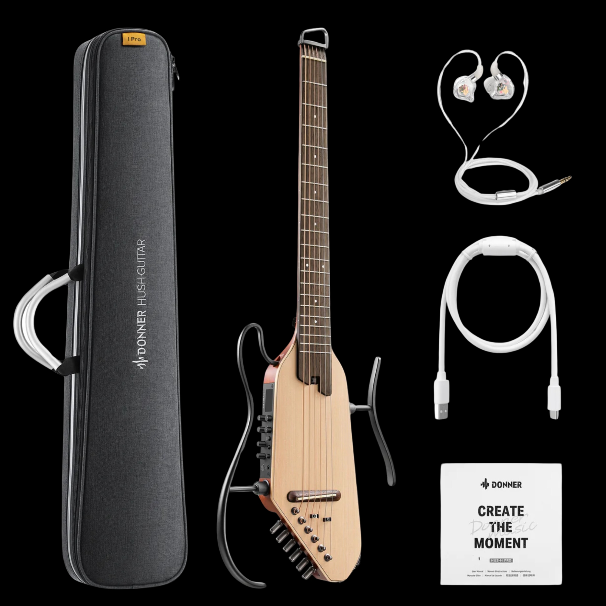 Donner HUSH-I PRO Natural Acoustic-Electric Travel Guitar Kit with onboard Effects