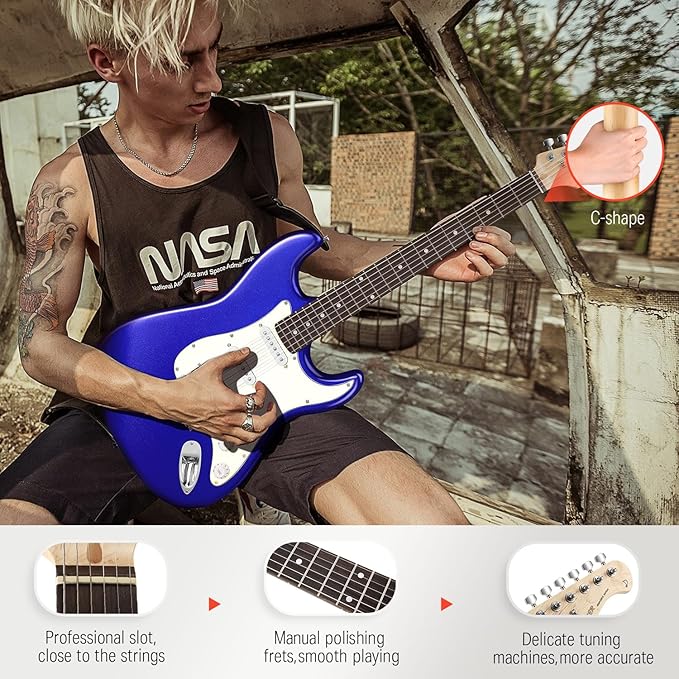 Donner DST-100L 39 Inch Full Size Electric Guitar Kit Solid Body Sapphire blue Beginner Starter with Amplifier Bag Capo Strap String Tuner Cable Picks