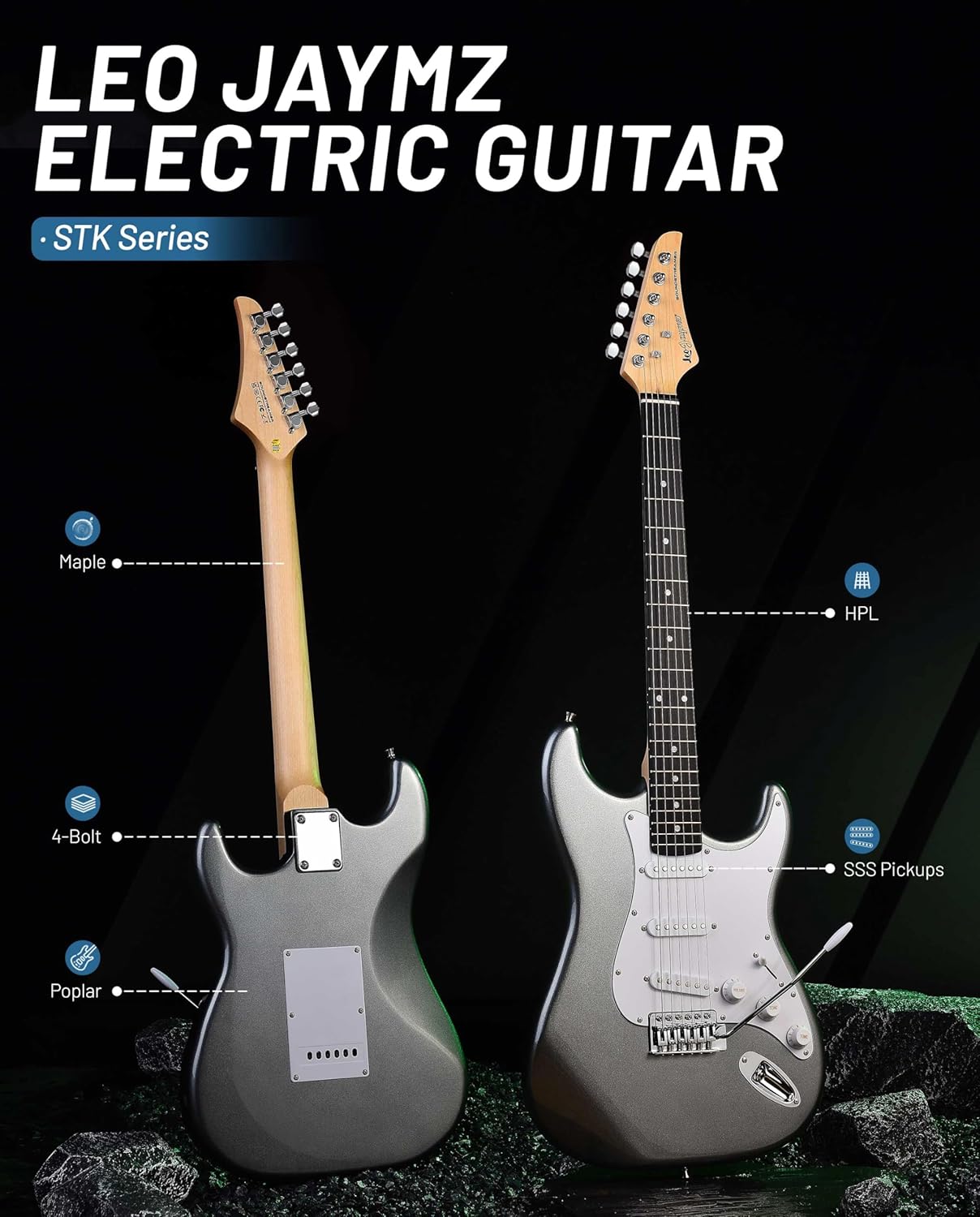 Leo Jaymz Gray Beginner Electric Guitar Complete Kit with Portable Amp Padded Gig Bag Full Accessories Maple Neck SSS Pickups