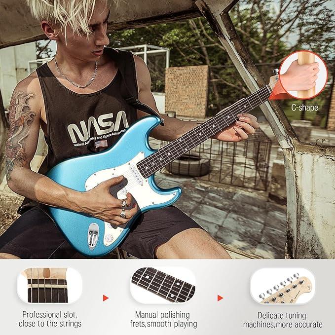 Donner DST-100T 39 Inch Full Size Electric Guitar Kit Solid Body Tidepool Beginner Starter with Amplifier Bag Capo Strap String Tuner Cable Picks