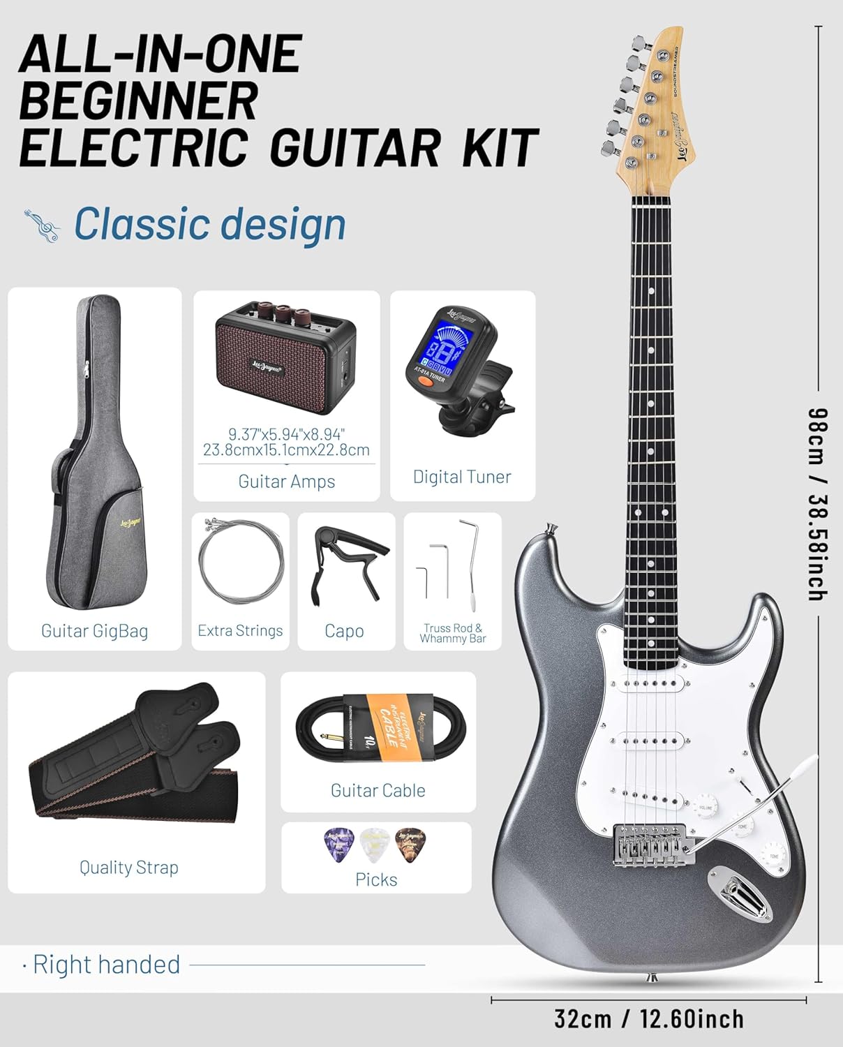 Leo Jaymz Gray Beginner Electric Guitar Complete Kit with Portable Amp Padded Gig Bag Full Accessories Maple Neck SSS Pickups