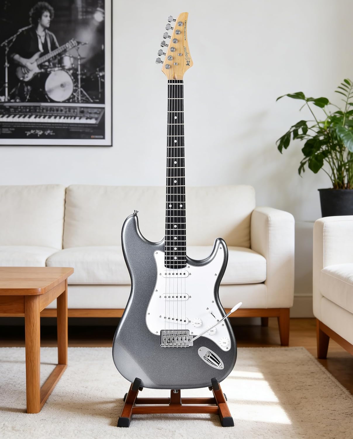 Leo Jaymz Gray Beginner Electric Guitar Complete Kit with Portable Amp Padded Gig Bag Full Accessories Maple Neck SSS Pickups