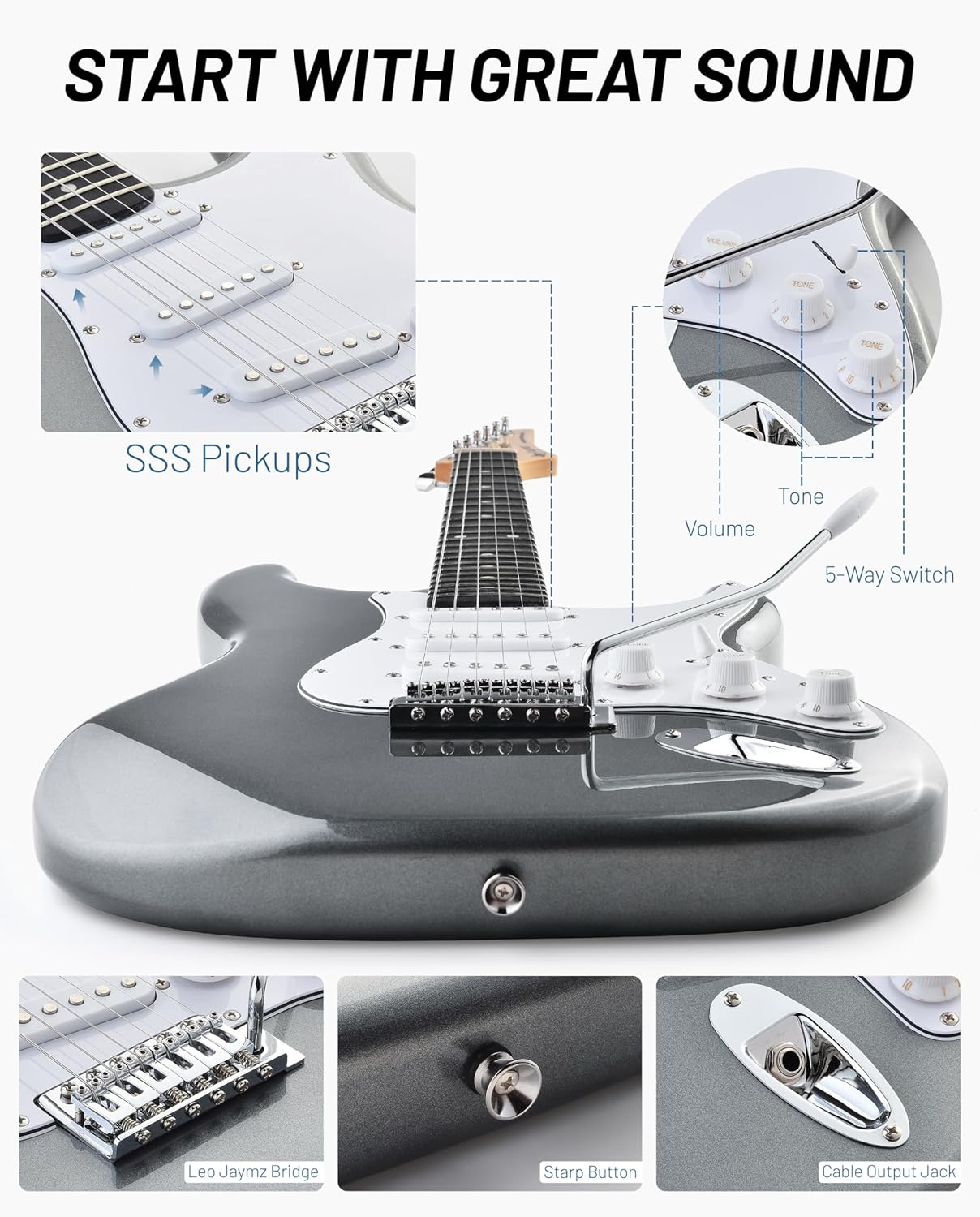 Leo Jaymz Gray Beginner Electric Guitar Complete Kit with Portable Amp Padded Gig Bag Full Accessories Maple Neck SSS Pickups