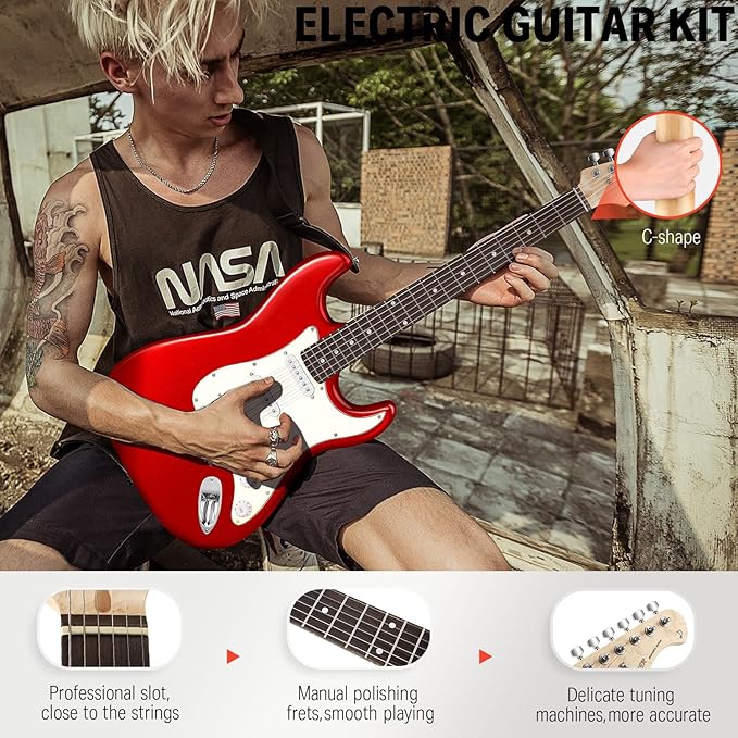 Donner DST-100R 39 Inch Full Size Electric Guitar Kit Solid Body Sonic Red Beginner Starter with Amplifier Bag Capo Strap String Tuner Cable Picks