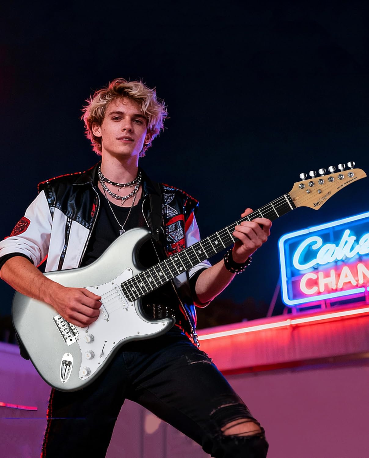 Leo Jaymz Gray Beginner Electric Guitar Complete Kit with Portable Amp Padded Gig Bag Full Accessories Maple Neck SSS Pickups