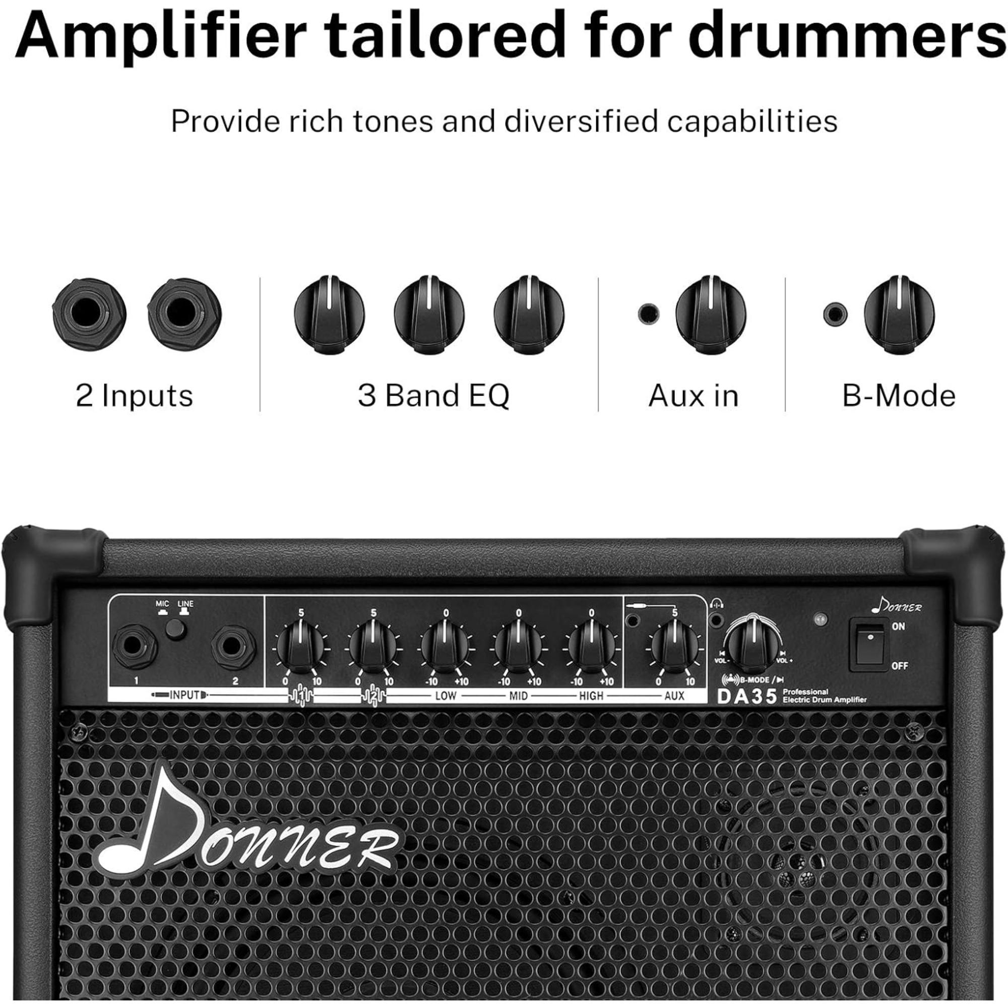 Donner Electric Drum AMP 35-Watt Electronic Drum Amplifier DDA-35 Keyboard Speaker with Aux in and Wireless Audio Connection DrumKeyboardMIC 3 in 1 Amplifier with 3-Band EQ and DI Out