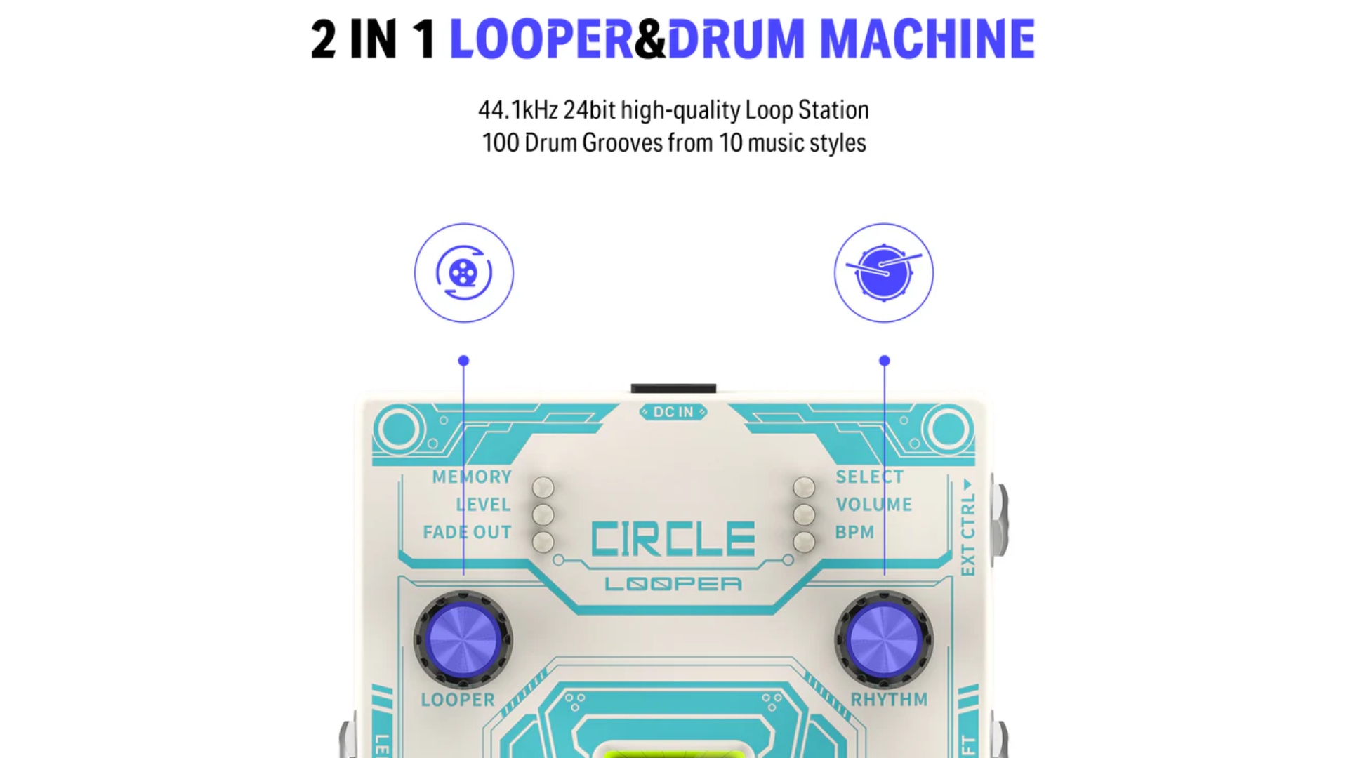 Donner Circle Looper Pedal Stereo Guitar Looper Pedal 40 Slots 160 mins with Drum Machine 100 Drum Grooves Tap Tempo Fade Out