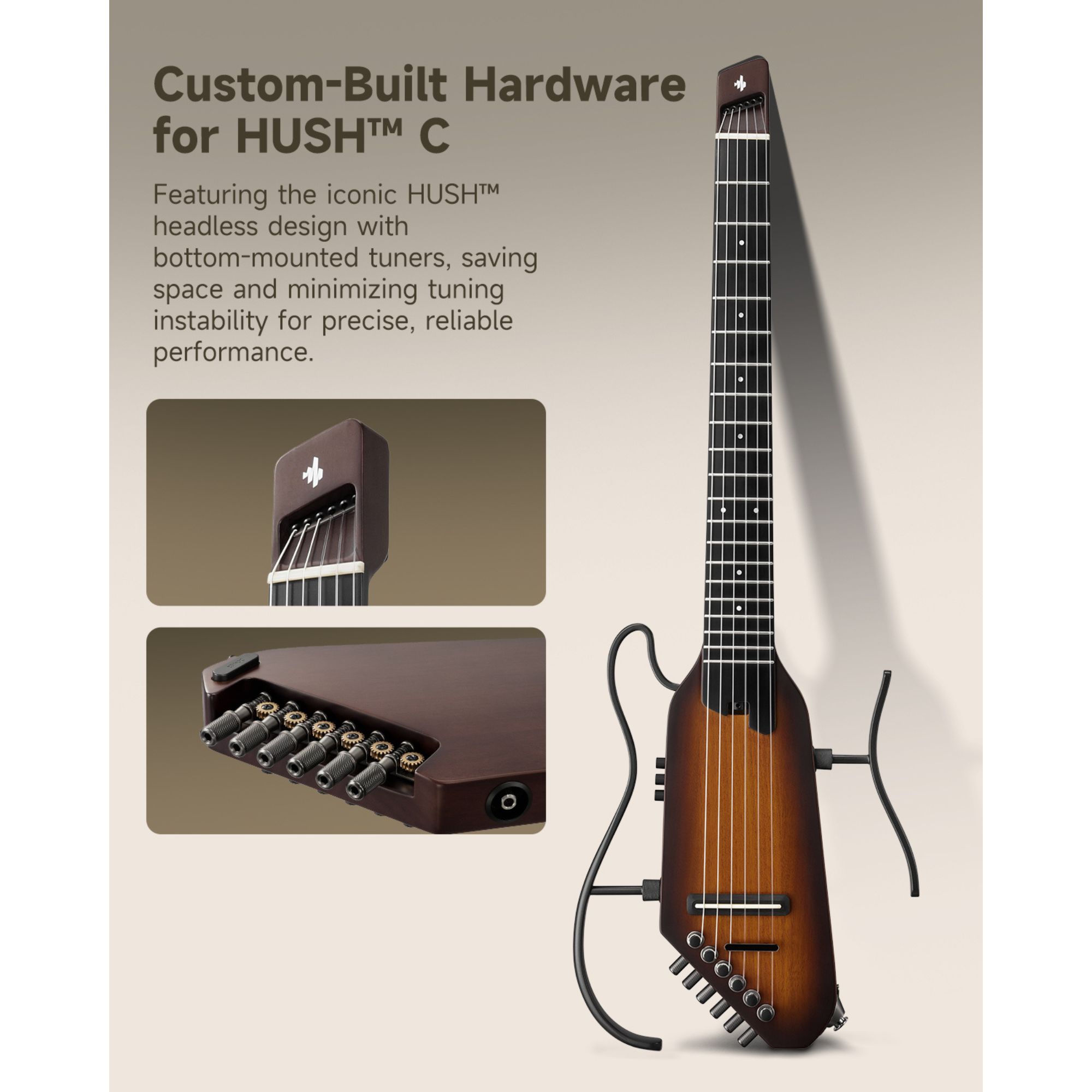 Donner HUSH C Acoustic-Electric Nylon String Classical Guitar Ultra-Lightweight Travel Guitar with Built-In Tuner HPS-II Preamp Headphone Jack  Quick-Release handle  Sunburst