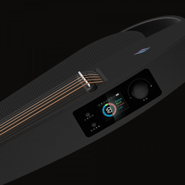 Close-up of carbon fibre guitar body with rounded soft edges and modern controls