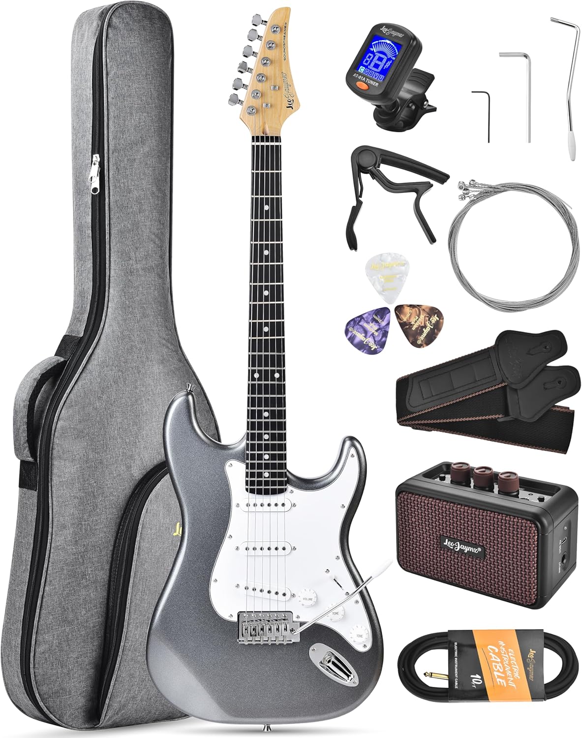 Leo Jaymz Gray Beginner Electric Guitar Complete Kit with Portable Amp Padded Gig Bag Full Accessories Maple Neck SSS Pickups