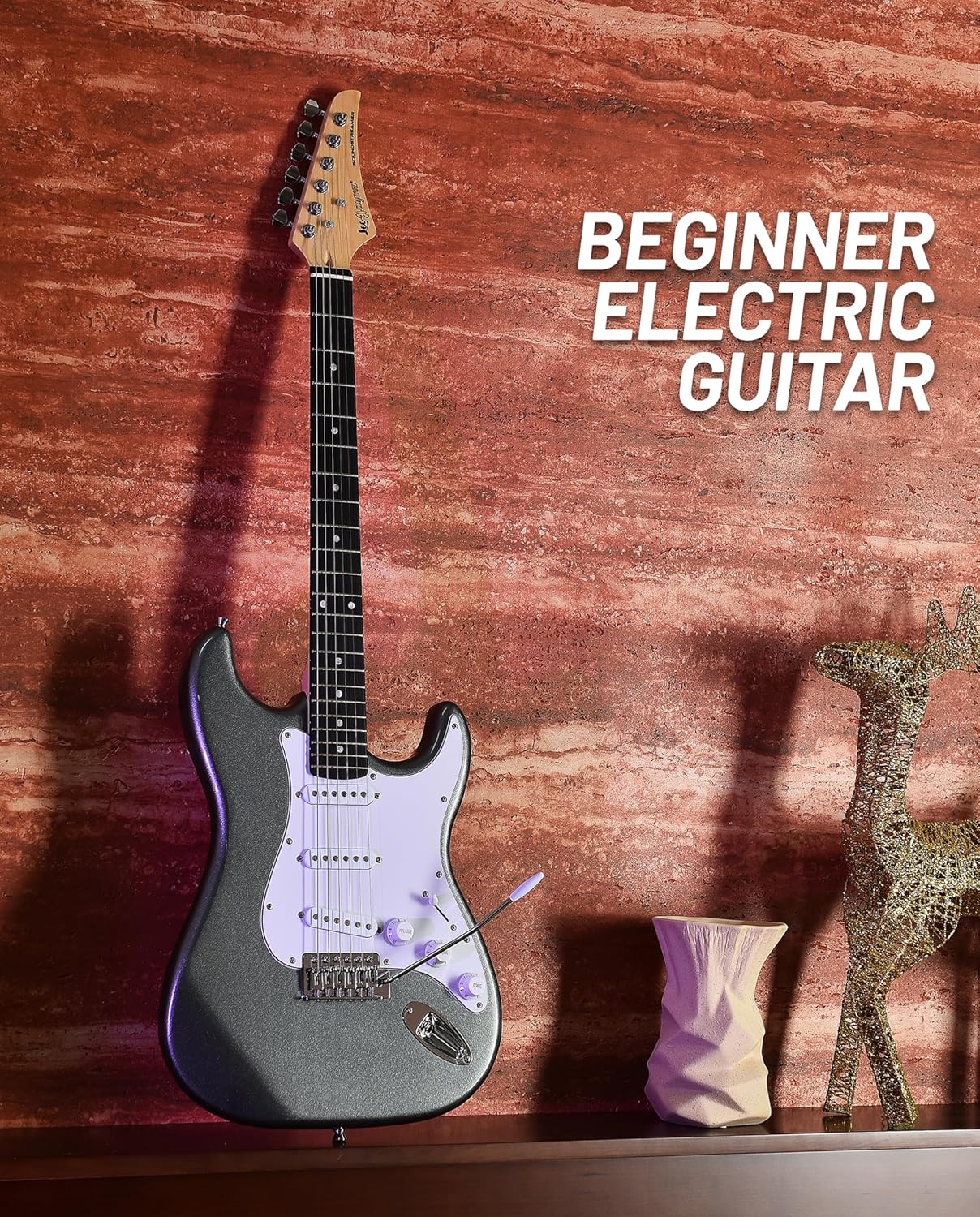 Leo Jaymz Gray Beginner Electric Guitar Complete Kit with Portable Amp Padded Gig Bag Full Accessories Maple Neck SSS Pickups