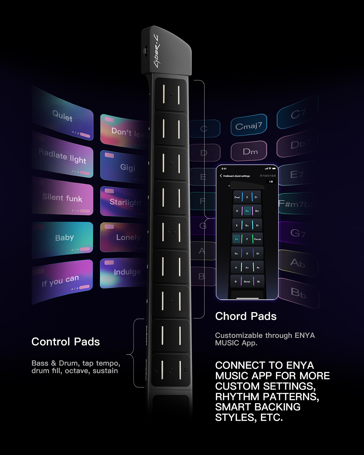 Enya CYBER-G Stringless Smart Guitar Foldable Travel Backing Guitar Built-in Drum Machine Bassline 20 instrument Sounds for One-Man Band App Interactive Chord Sheets For Adults TeensBlue
