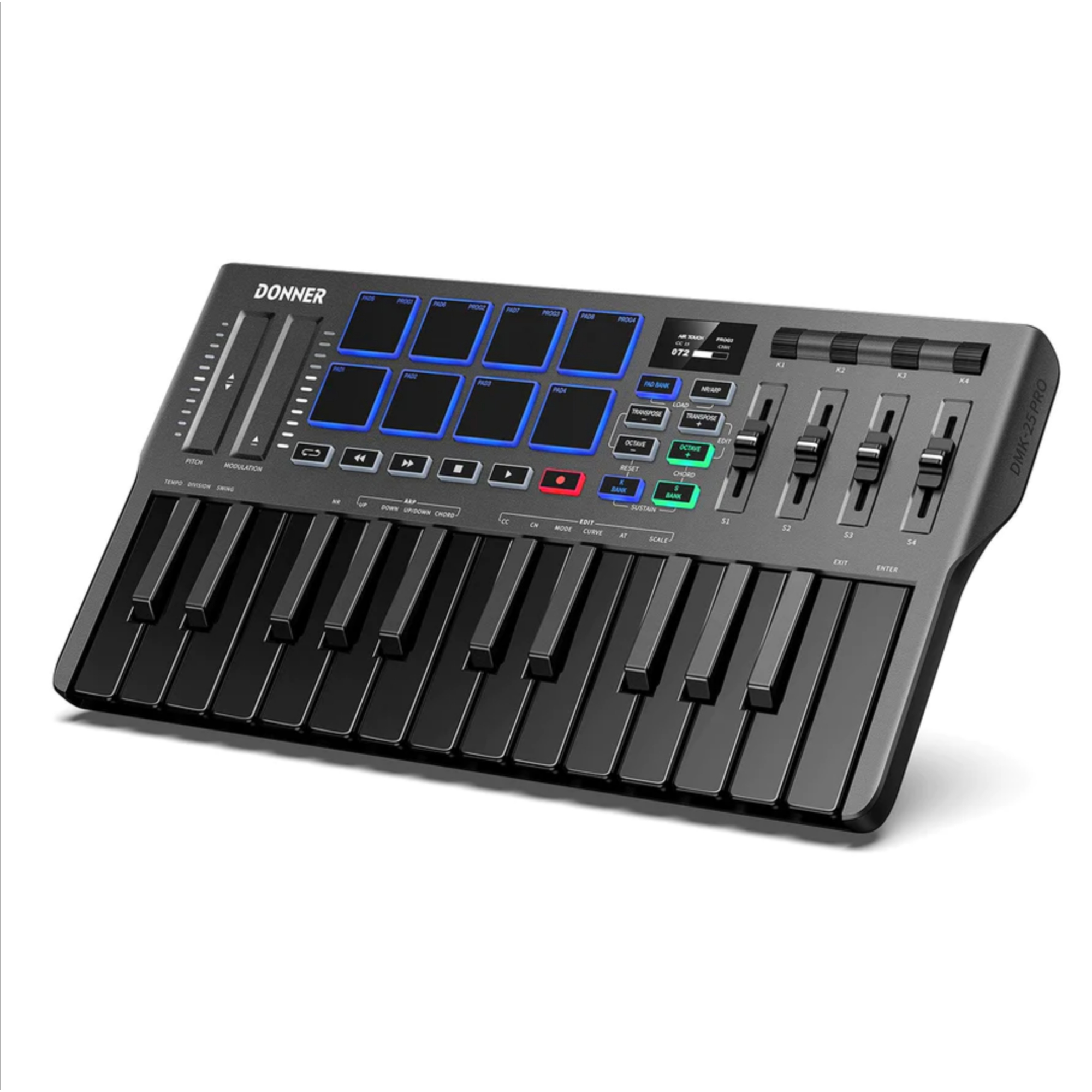 DMK25PRO USB MIDI Keyboard Controller 25 Mini Key Portable MIDI with 8 Backlit Drum OLED Screen Display Personalized Touch Bar and Music Production Software Included