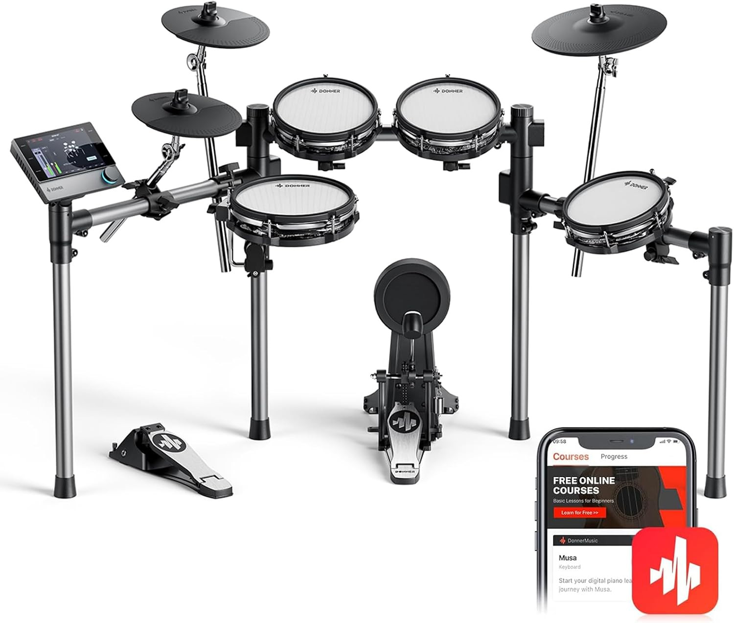Donner Beat Electronic Drum Kit with 5 mesh pads 3 cymbals and 7-inch touchscreen module
