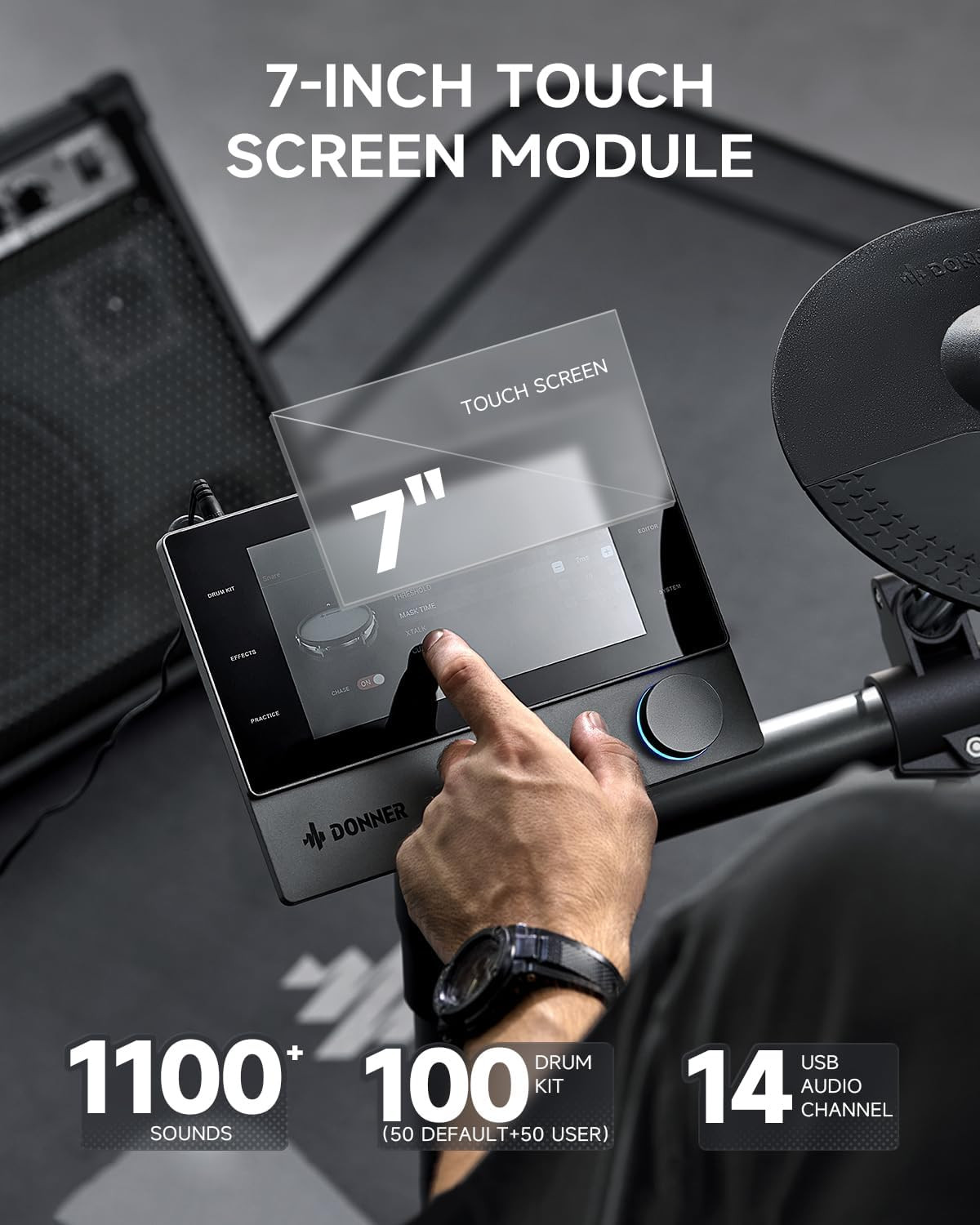 7-inch touchscreen module on the Donner Beat showing 1100 sounds 100 drum kits and 14 USB audio channels