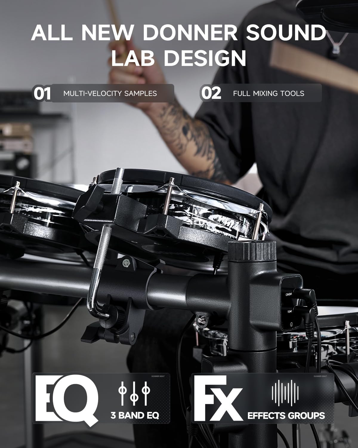 Closeup of a mesh drum pad and cable routing on the Donner Beats rack
