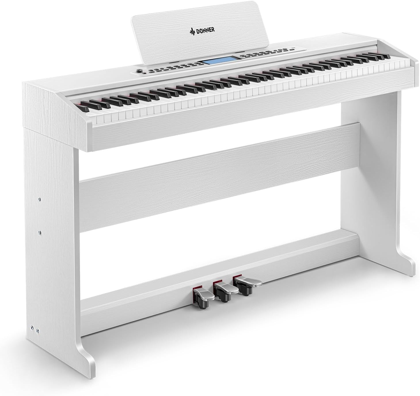 Donner DDP-95 88-Key Weighted Digital Piano in White with furniture-style cabinet and 3-pedal system