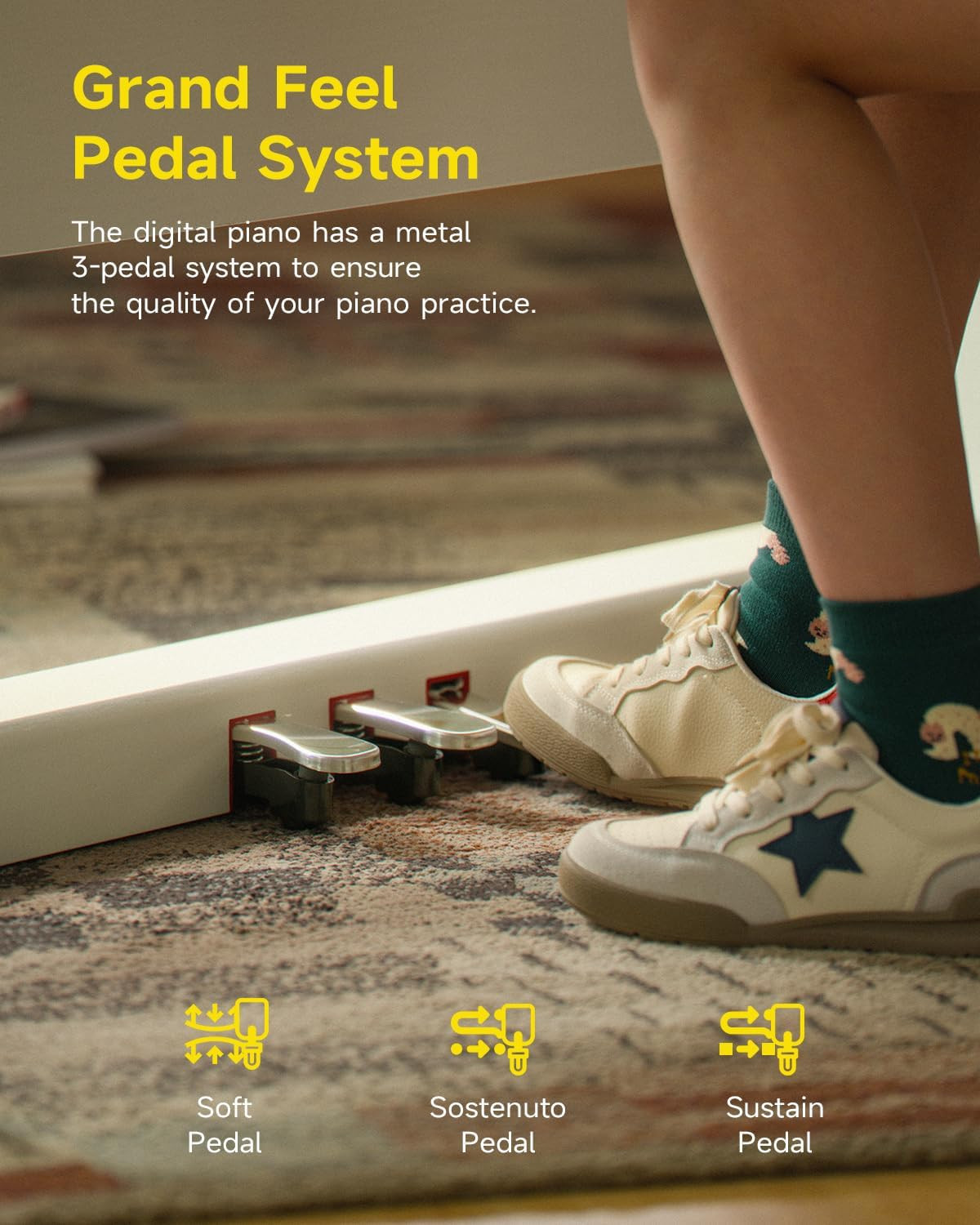 Metal 3-pedal system on the Donner DDP-95 soft sostenuto and sustain pedals
