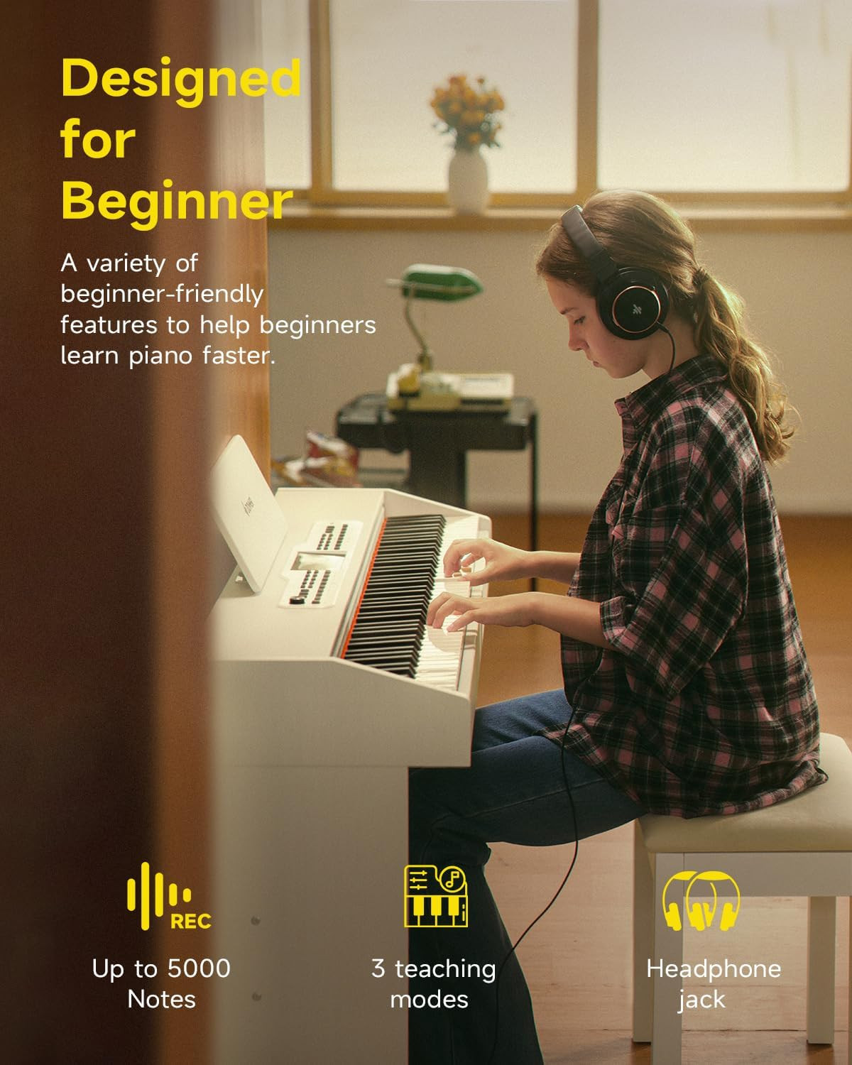Recording teaching modes and headphone jack features on the Donner DDP-95