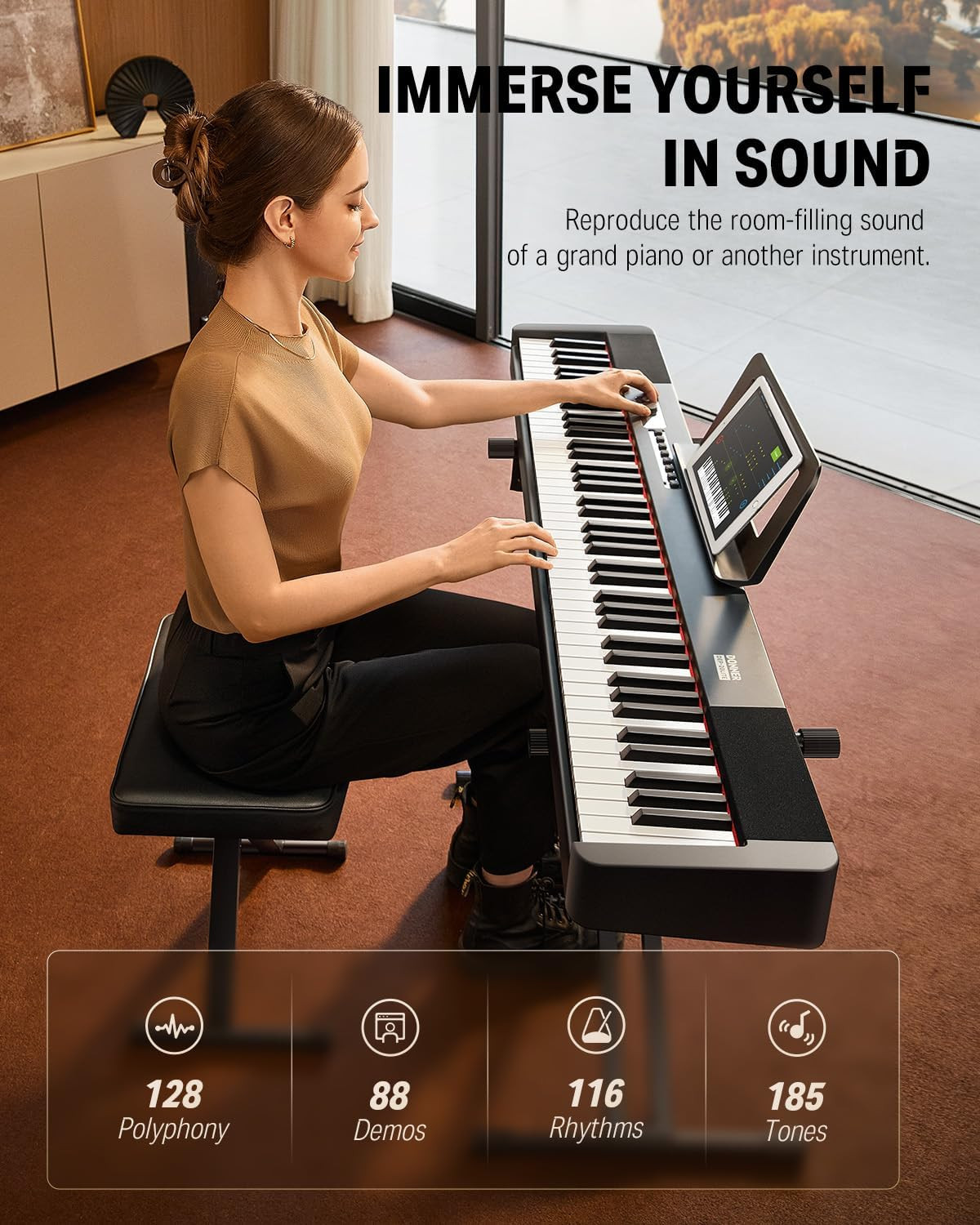 Donner DEP-20 Lite spec callouts 128 polyphony 88 demos 116 rhythms 185 tones