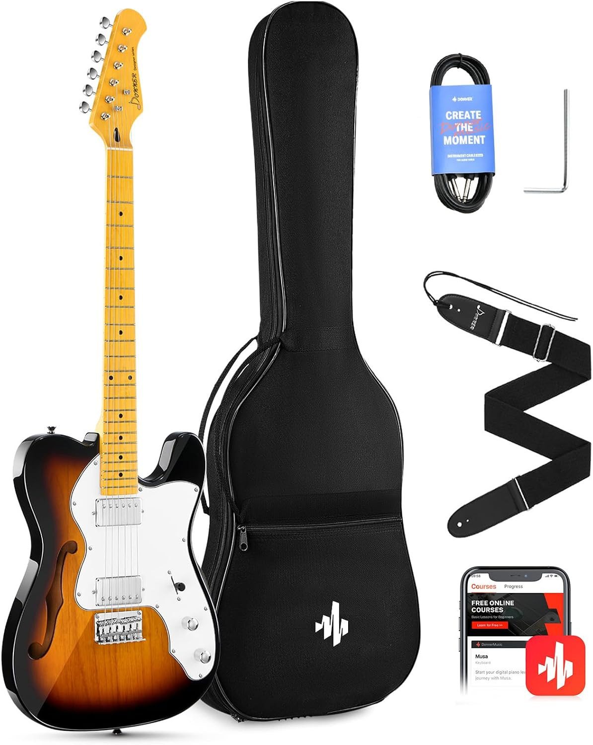 Donner DJC-1000S Thinline Electric Guitar in Sunburst with included accessory bundle