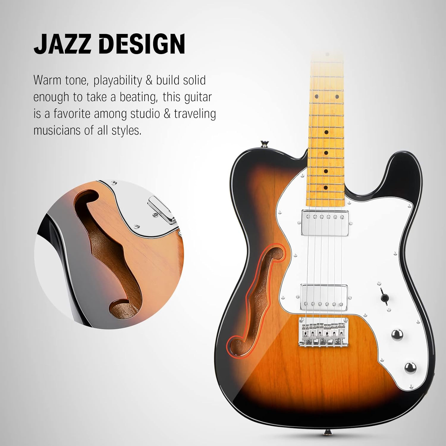 F-hole chamber and neck pickup closeup on the Donner DJC-1000S Thinline body