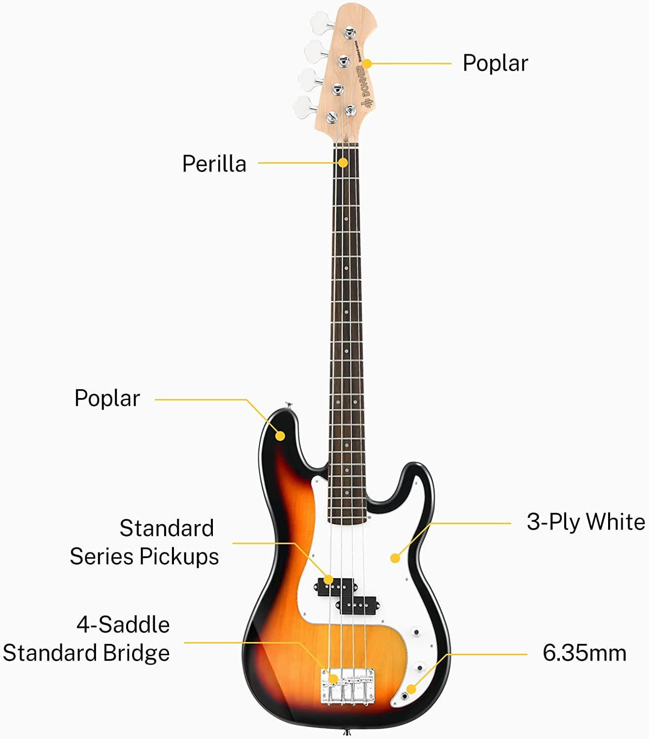 Side profile of the Donner DPB-510S bass guitar body and neck