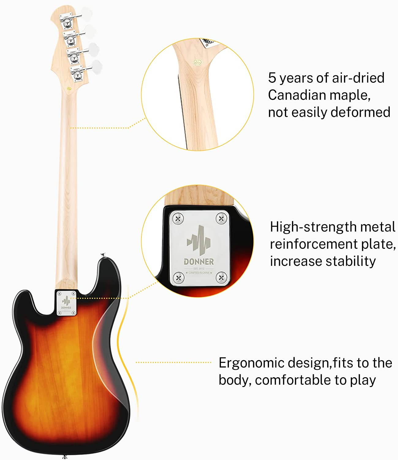 Headstock and tuning peg detail of the Donner DPB-510S