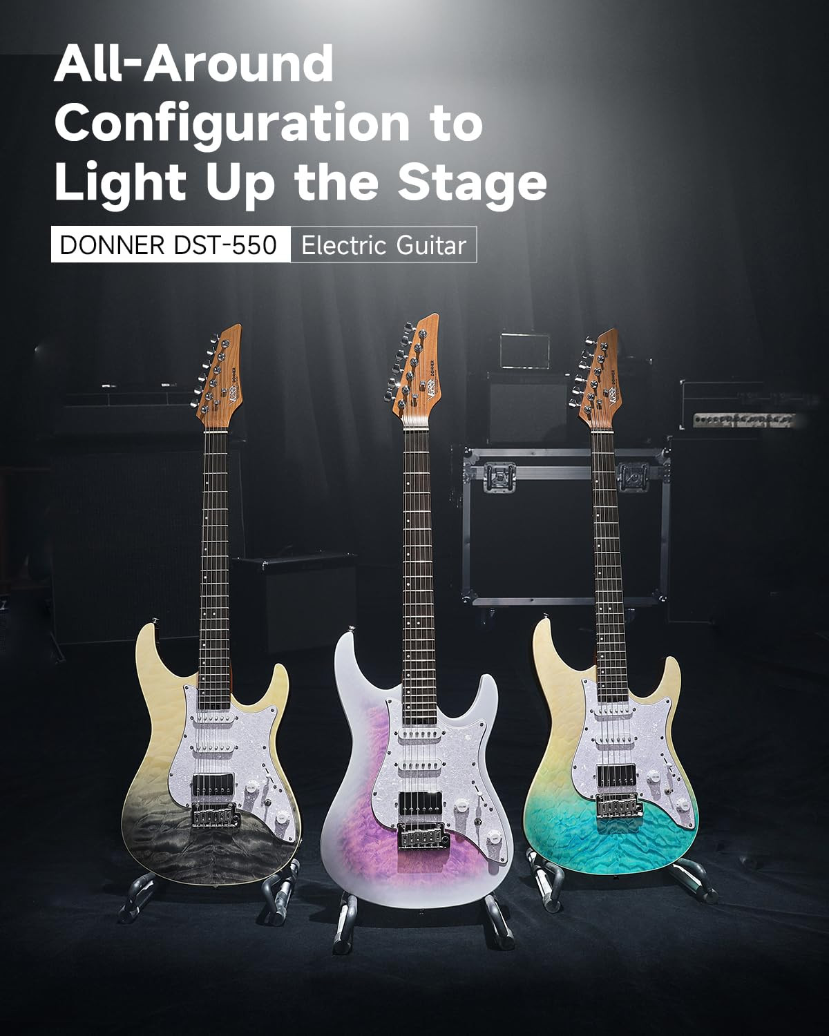 Donner DST-550 lineup showing multiple gradient finish options including Amethyst White Burst