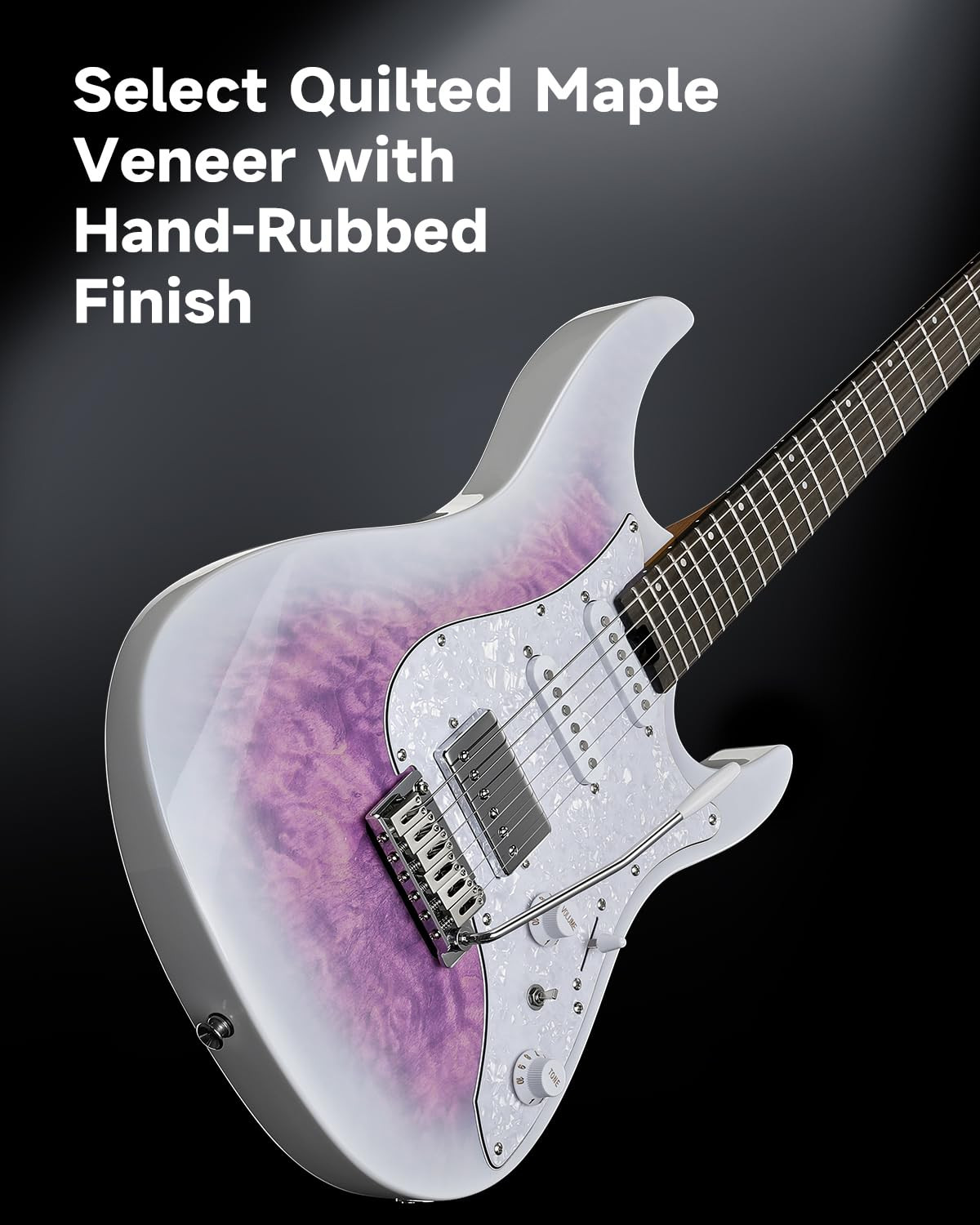 Quilted maple veneer top and HSS ThunderForge pickups on the Donner DST-550 in Amethyst White Burst