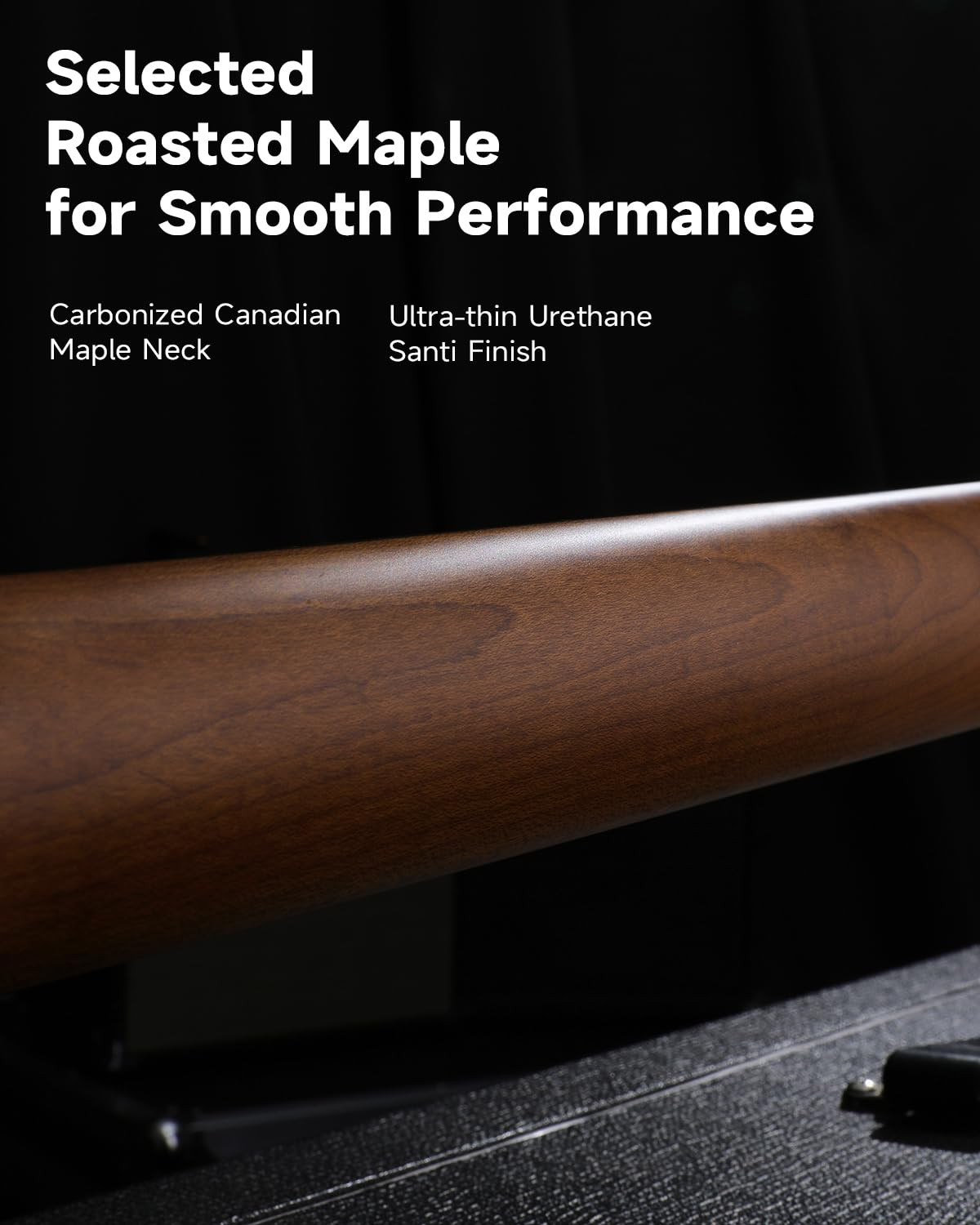 Carbonized Canadian maple neck with ultra-thin satin urethane finish on the Donner DST-550