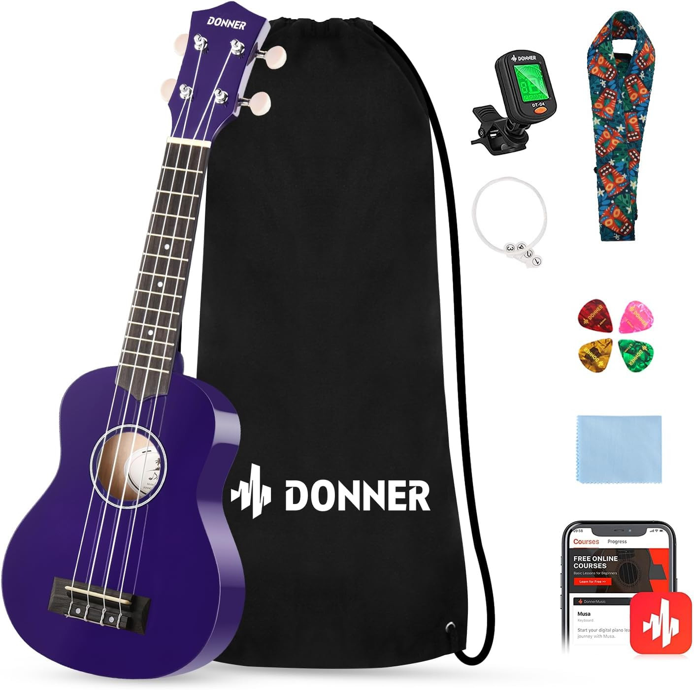 Donner DUS-10P Rainbow Series Soprano Ukulele in Purple with included accessory bundle