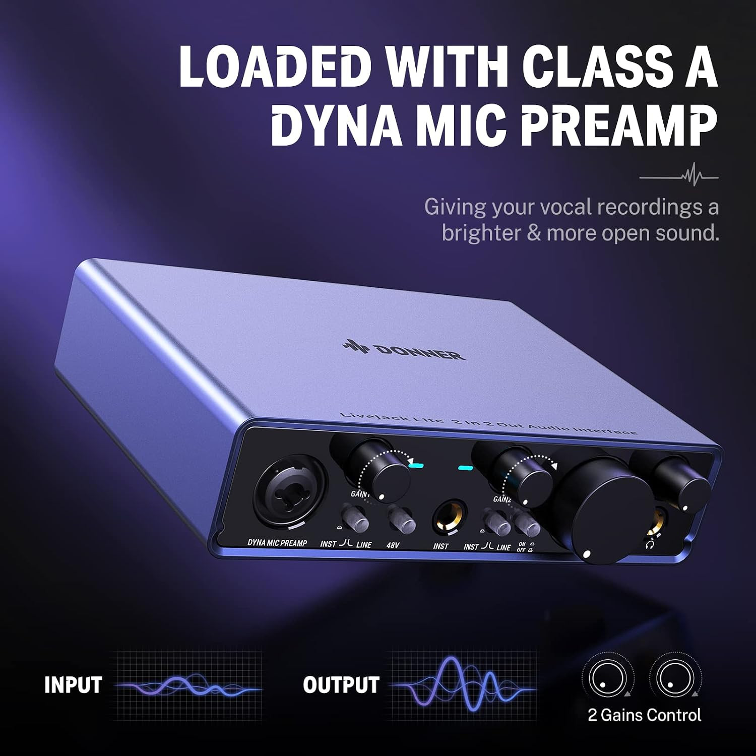 Class A DYNA mic preamp input and dual gain controls on the front panel