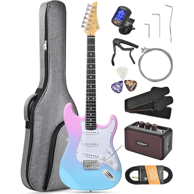 Leo Jaymz Pink blue fade Beginner Electric Guitar Complete Kit with Portable Amp Padded Gig Bag Full Accessories Maple Neck SSS Pickups