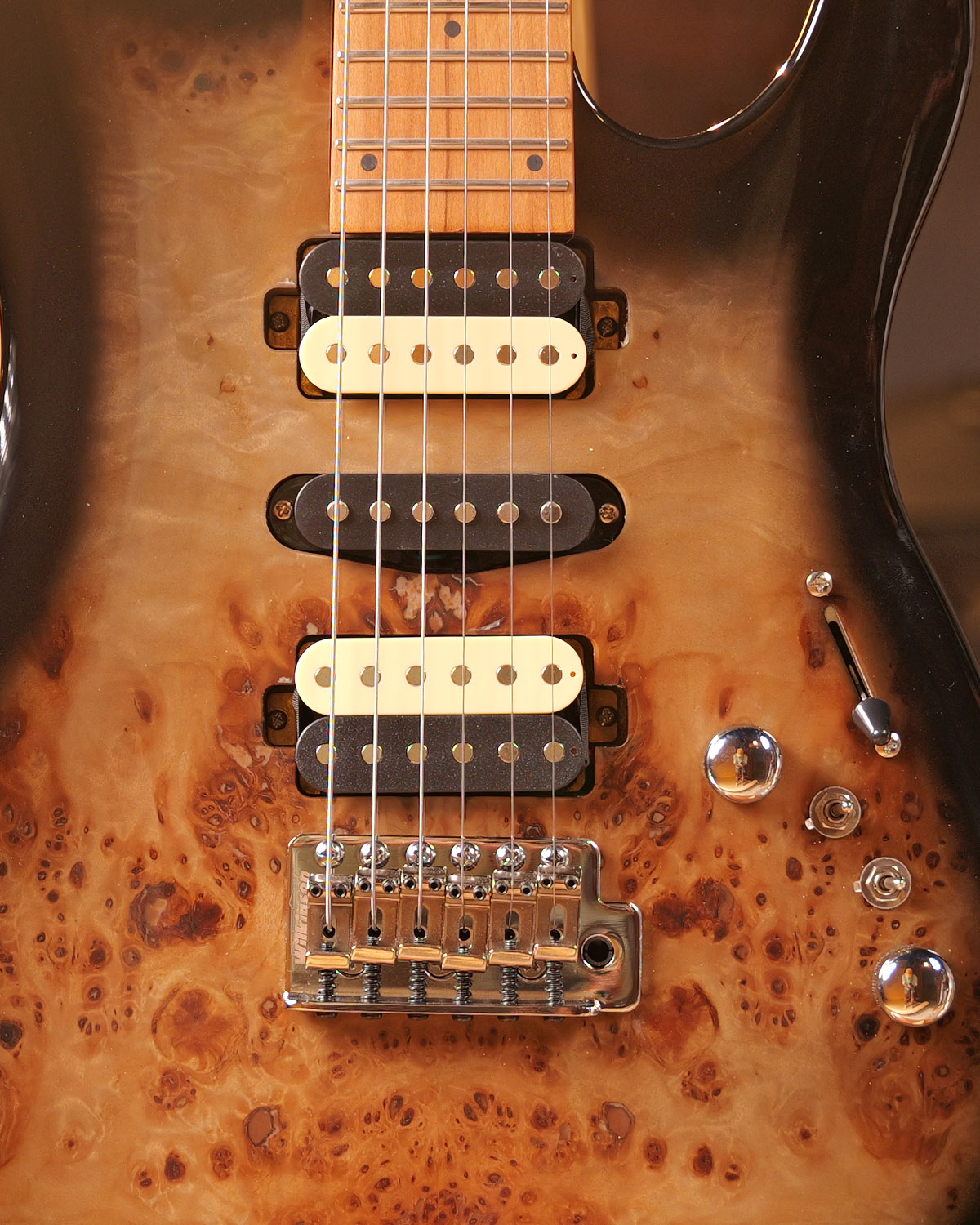 SQOE SEIB550 Shadow Burl HSH Alnico 5 Roasted Maple