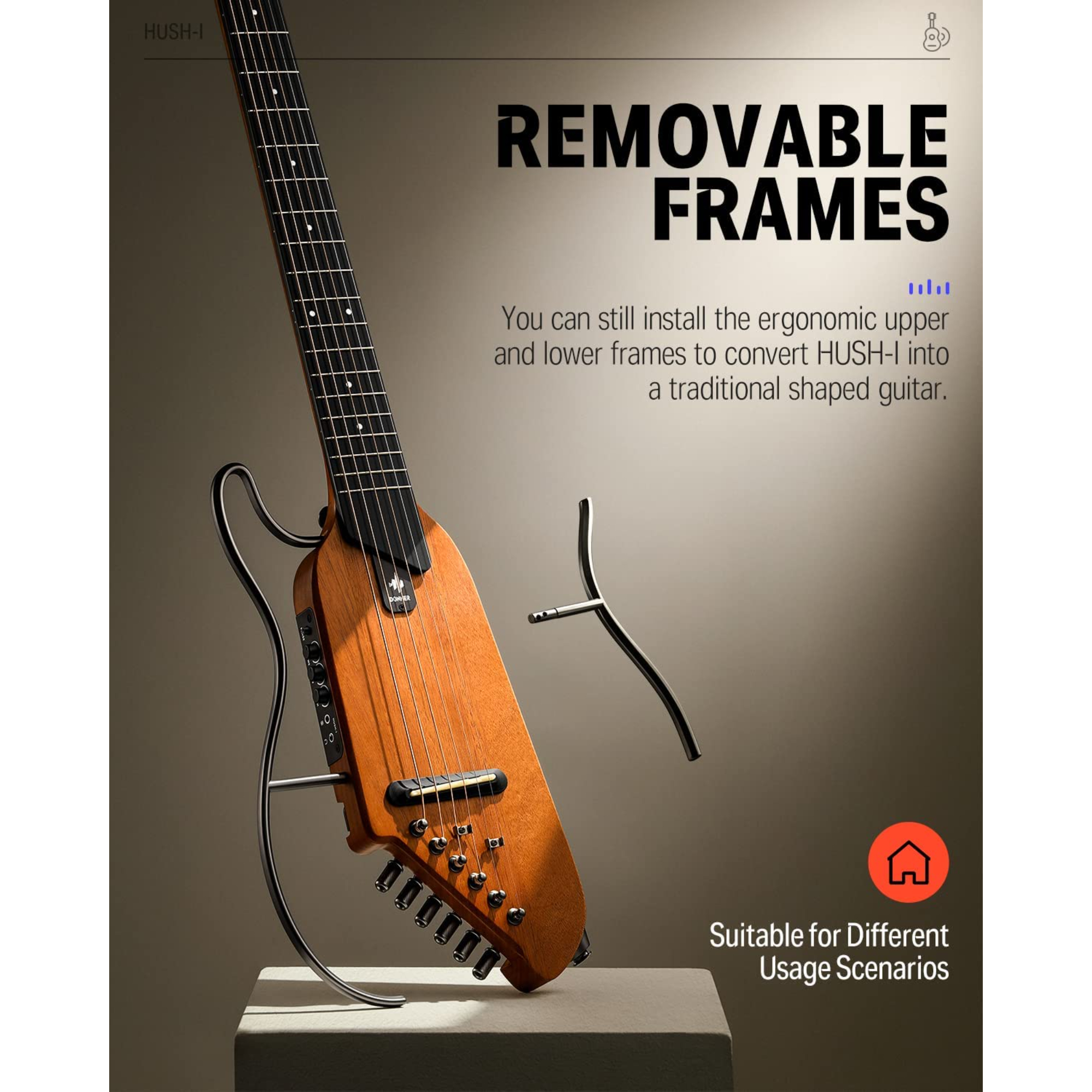 Donner TravelSilent Guitar - Sunburst HUSH-I Headless Guitar Removable Frames Ultra Light Acoustic Electric Guitar with Gig Bag and Accessories