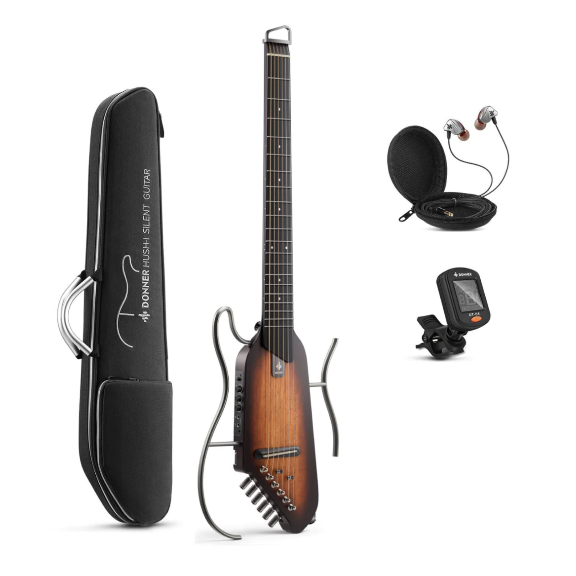 Donner TravelSilent Guitar - Sunburst HUSH-I Headless Guitar Removable Frames Ultra Light Acoustic Electric Guitar with Gig Bag and Accessories