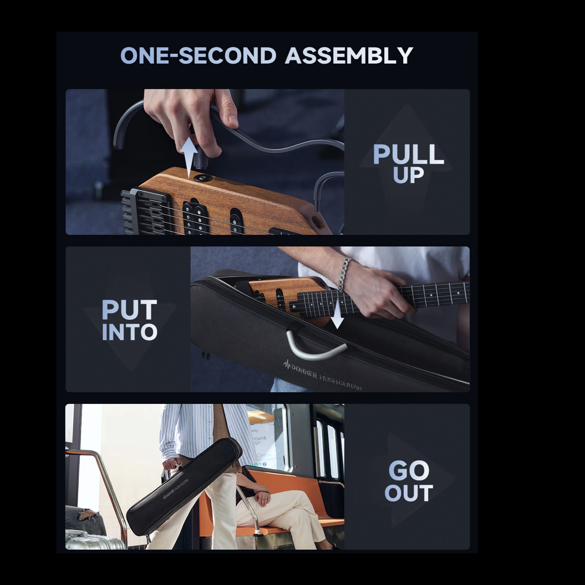 Donner HUSH-X Electric Guitar Kit Sunburst - Featherlight Headless Guitar Great for Travel and Practice Mahogany Solid Body with Easy Assemble Stands Gig Bag All Accessories