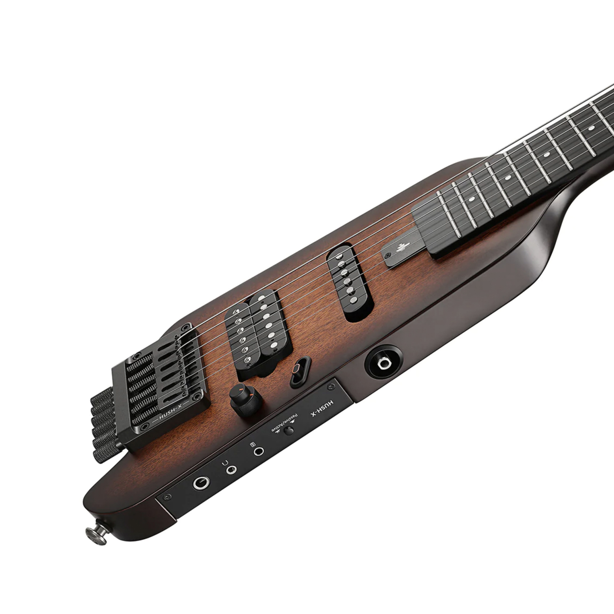 Donner HUSH-X Electric Guitar Kit Sunburst - Featherlight Headless Guitar Great for Travel and Practice Mahogany Solid Body with Easy Assemble Stands Gig Bag All Accessories