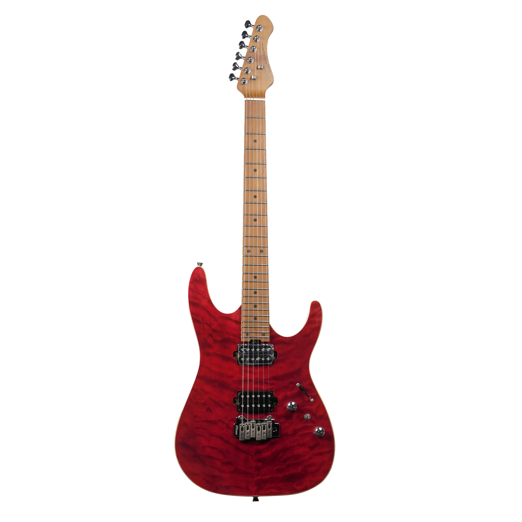 SQOE SEIB950 QUILTED MAPLE SUPER STRATOCASTER GUITAR DARK CHERRY