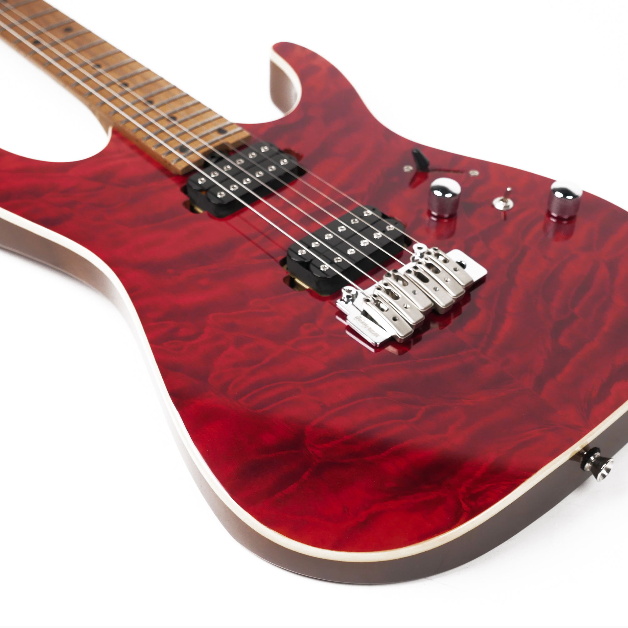 SQOE SEIB950 QUILTED MAPLE SUPER STRATOCASTER GUITAR DARK CHERRY
