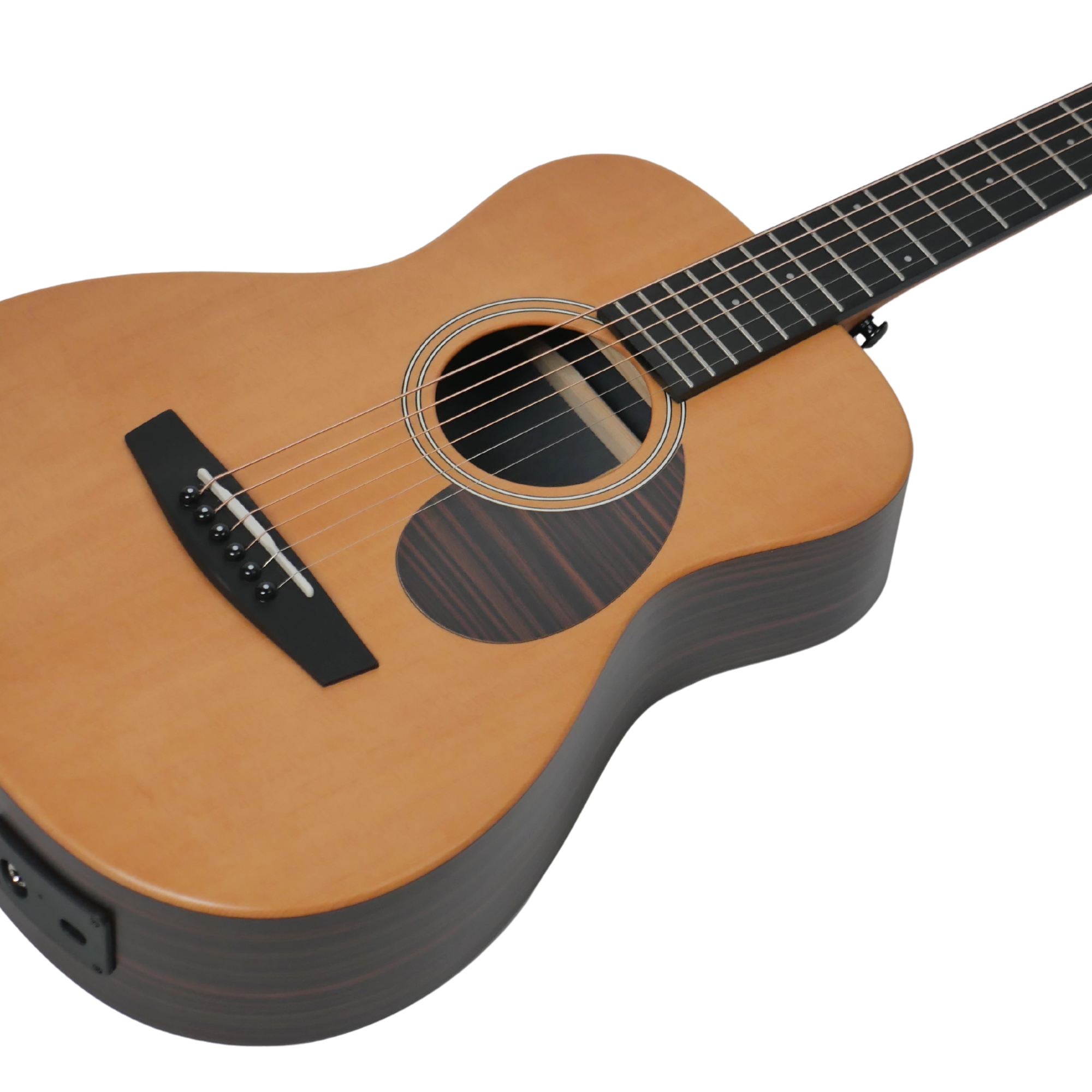 Enya EB-X1 Pro Max SP1 Natural Matt - solid top with soundhole angled view
