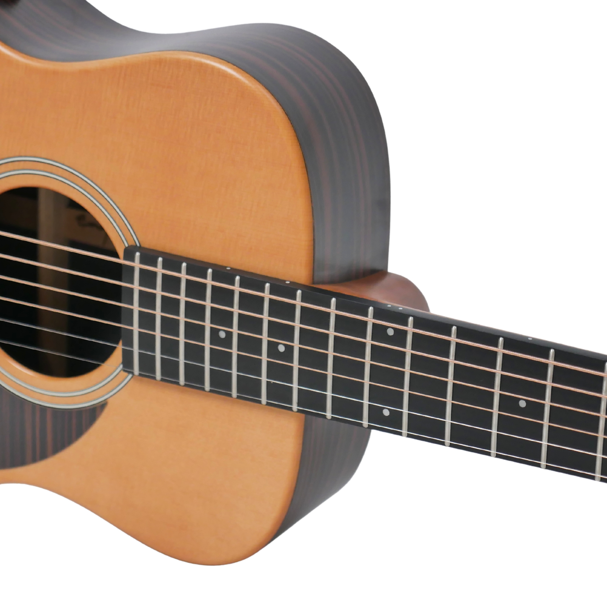 Enya EB-X1 Pro Max SP1 Natural Matt - soundhole and fretboard angled close-up