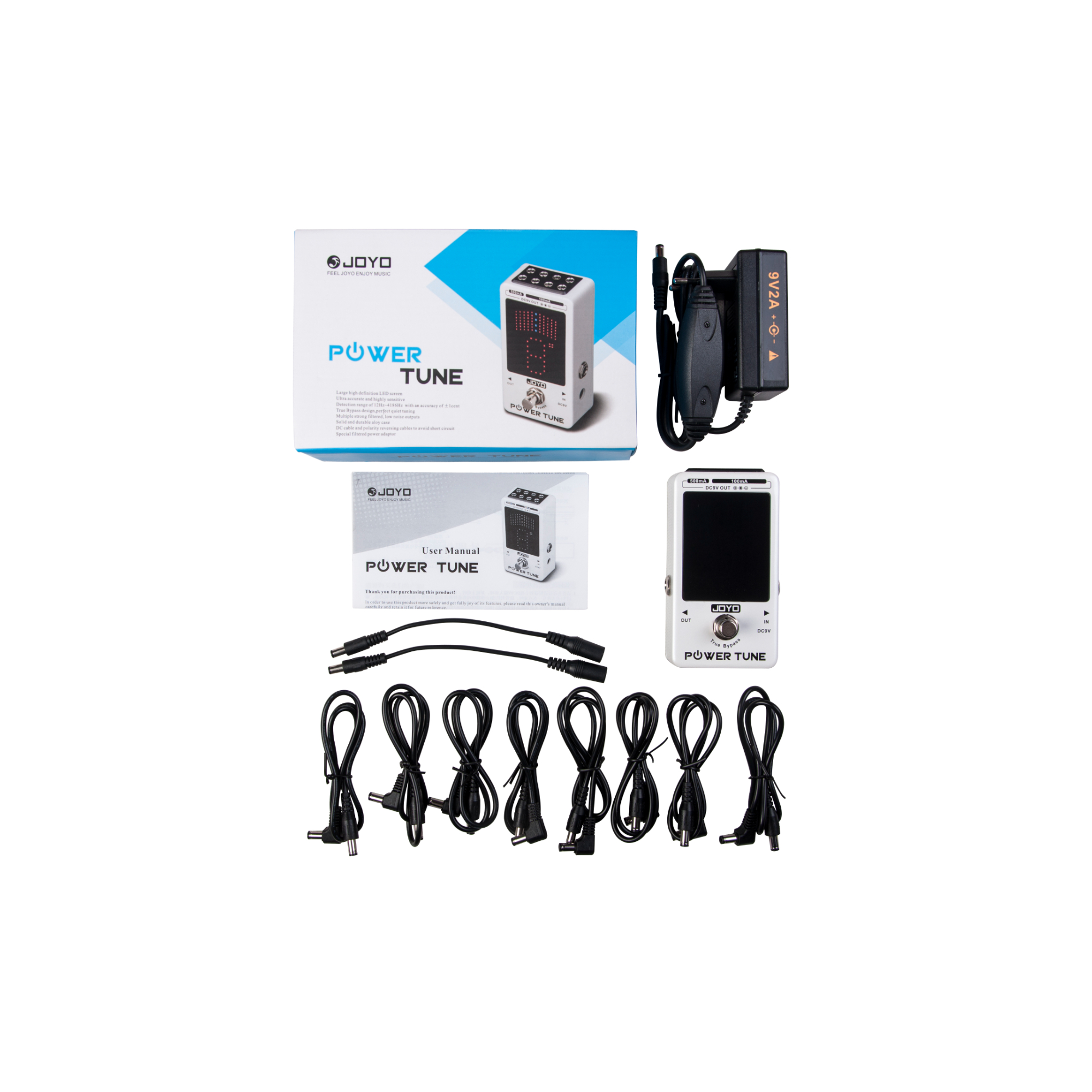 JOYO Power Tune JF-18R Power Supply Tuner Pedal with Isolated 8-Channel 2 at 500mA 6 at 100mA Low Noise DC 9V Output - True Bypass