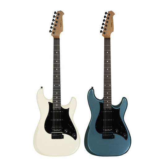 Hex Guitars E500 TRD shown in both Metallic Ivory and Metallic Abyss Blue finishes