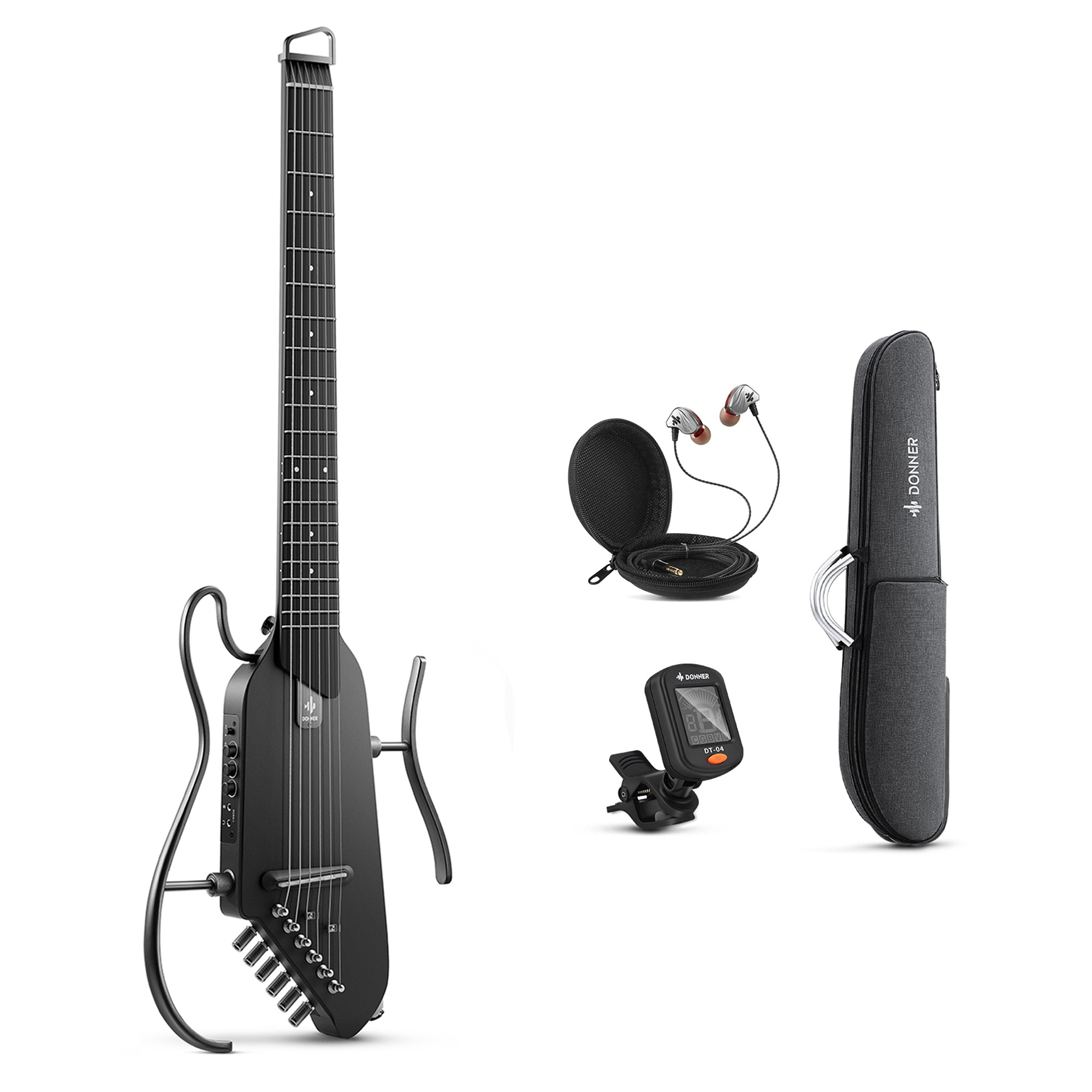 Donner TravelSilent Guitar - Black  HUSH-I Headless Guitar Removable Frames Ultra Light Acoustic Electric Guitar with Gig Bag and Accessories