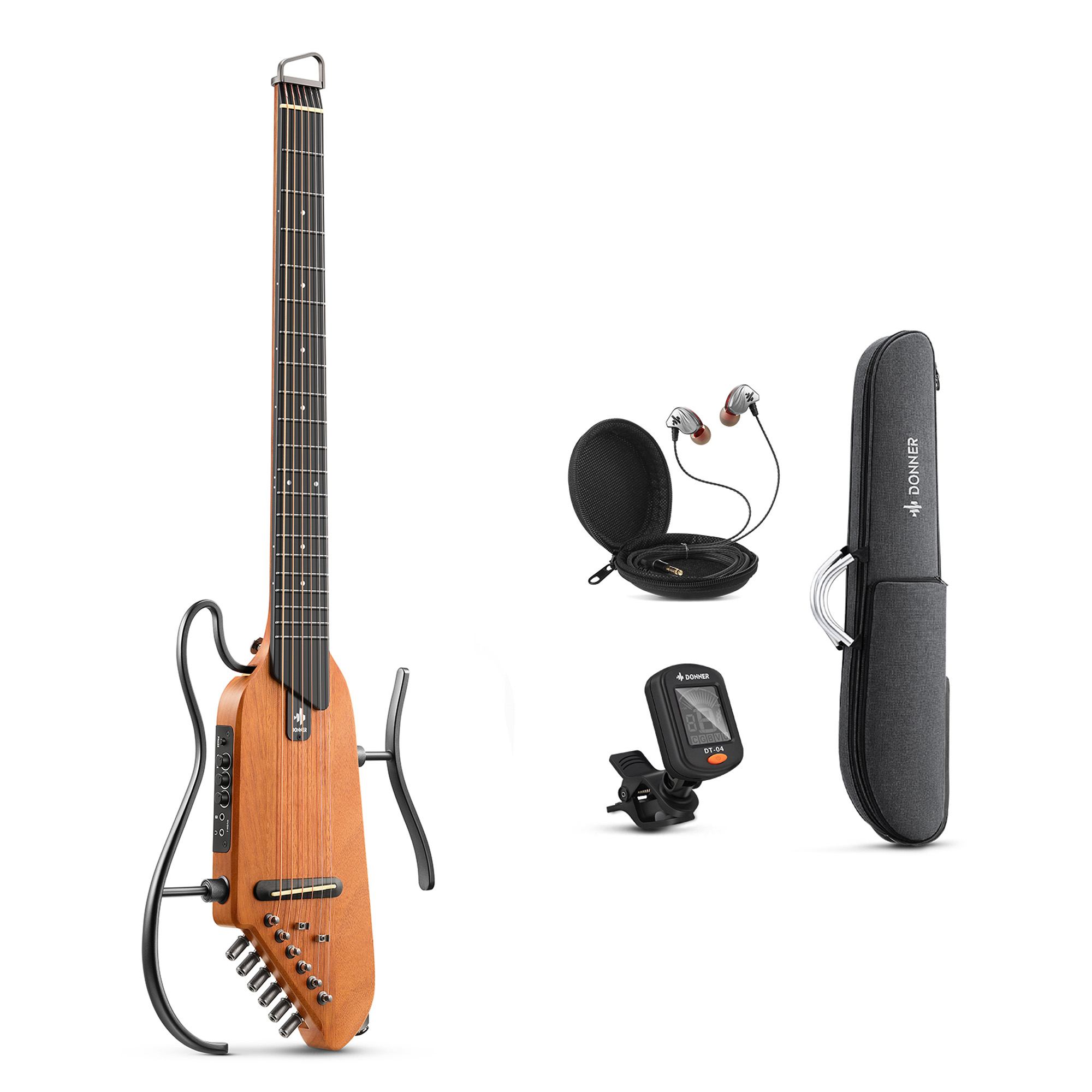 Donner TravelSilent Guitar - Natural Mahogany HUSH-I Headless Guitar Removable Frames Ultra Light Acoustic Electric Guitar with Gig Bag and Accessories