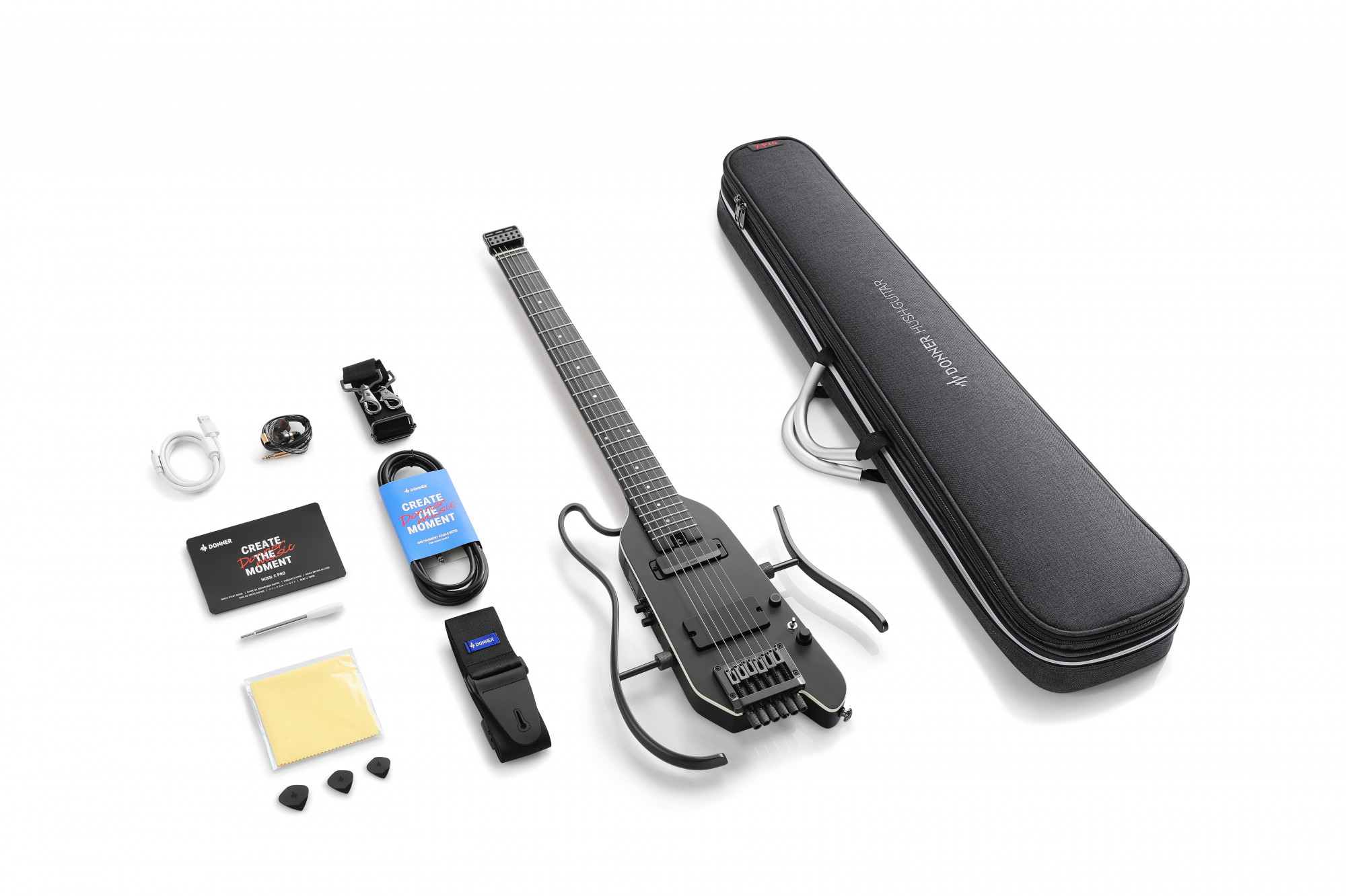Donner HUSH X PRO Black Electric Guitar Kit - Smart Travel Guitar with Dozens of Preset Combinations 7 Tone Sim Options