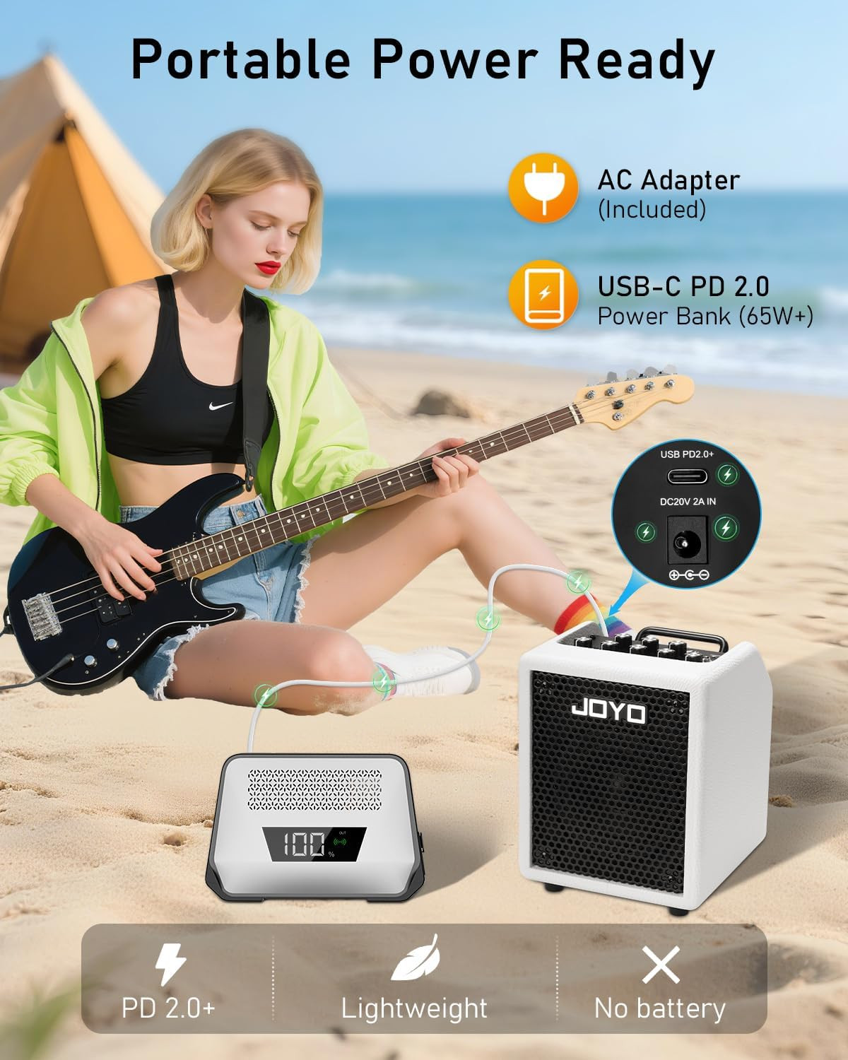 JOYO BA-30 powered by a USB-C PD power bank outdoors